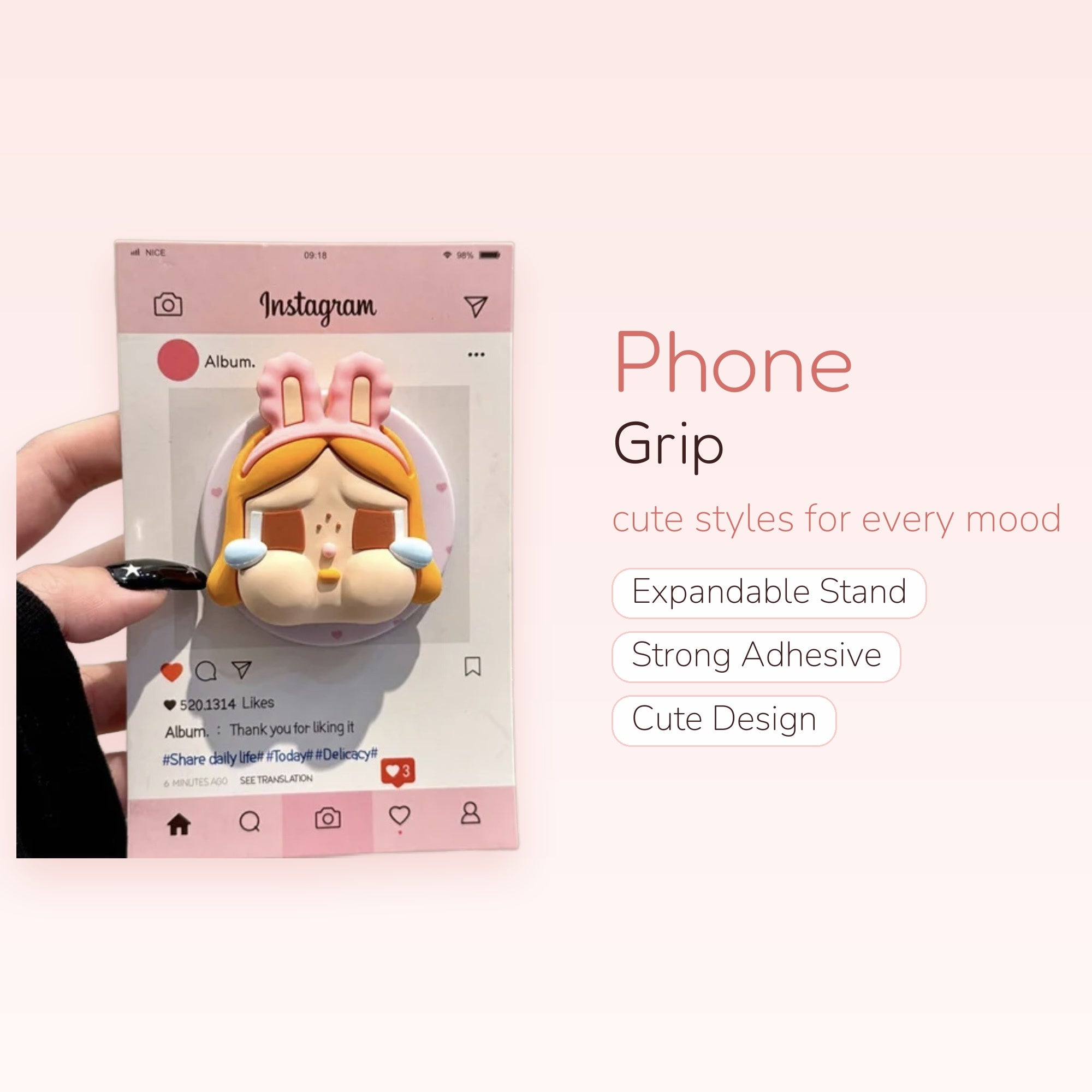Kawaii Crying Girl Instagram Phone Grip | Cute Bunny Ear Pop Socket Stand