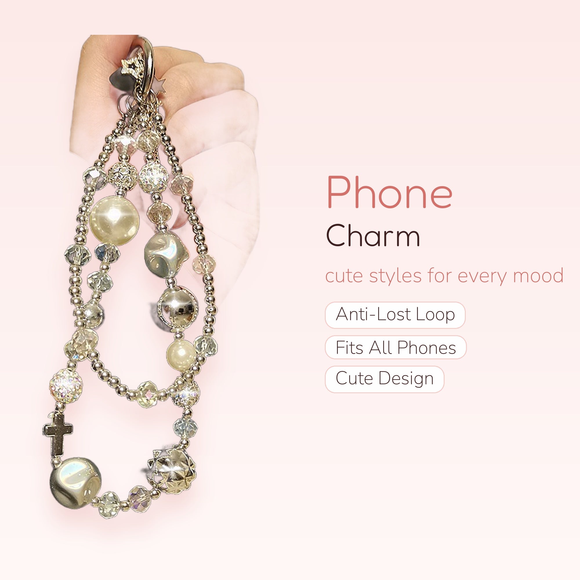 Aesthetic Pearl & Crystal Phone Charm Strap | Y2K Beaded Wrist Lanyard with Cross