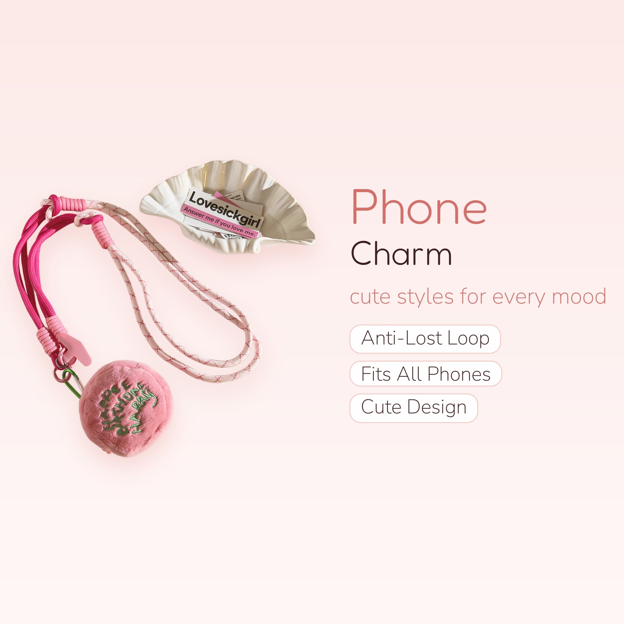 Pink & White Rope Phone Lanyard | Cute Fluffy Ball Charm Strap
