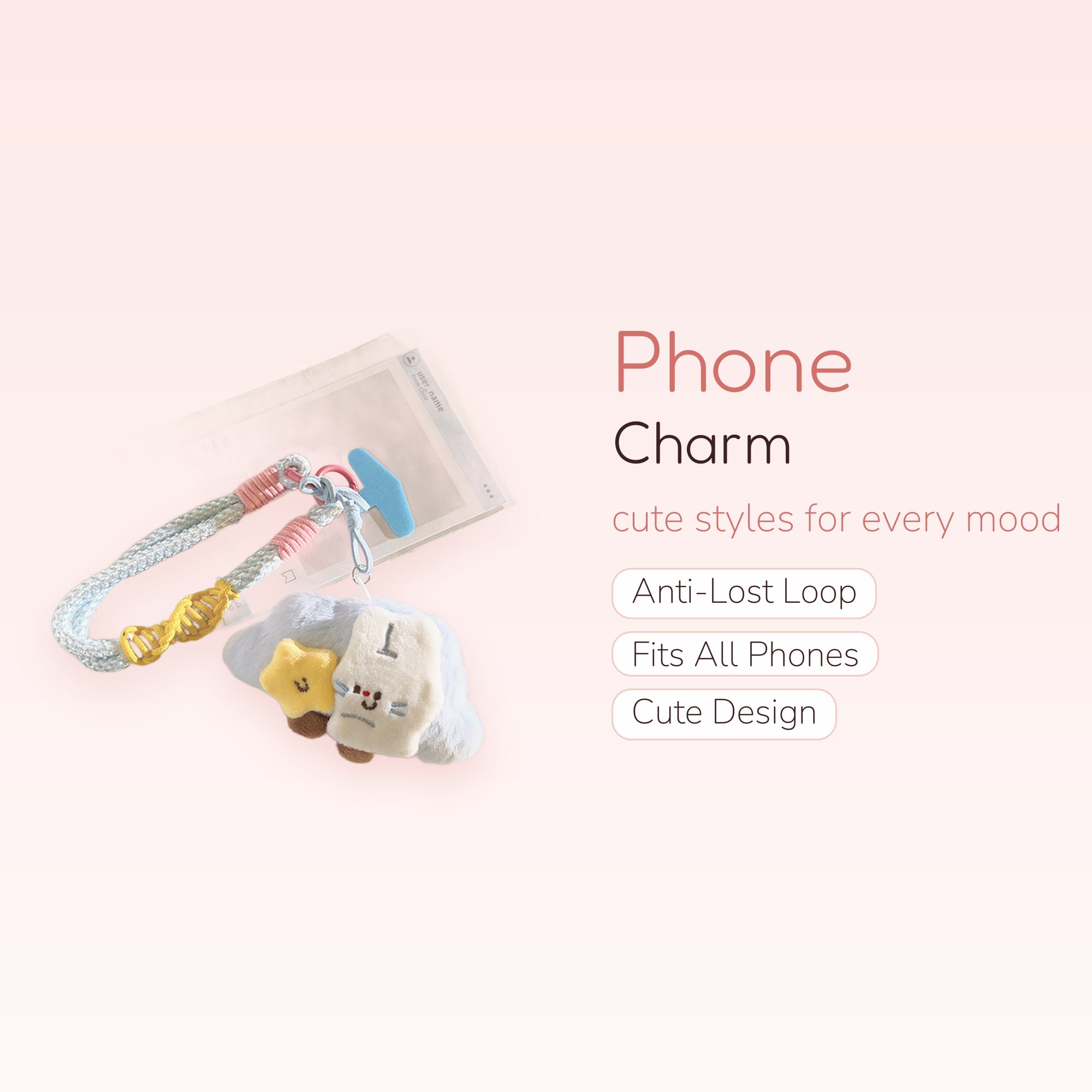 Kawaii Plush Cat & Star Phone Charm Strap | Pastel Blue Braided Wrist Lanyard