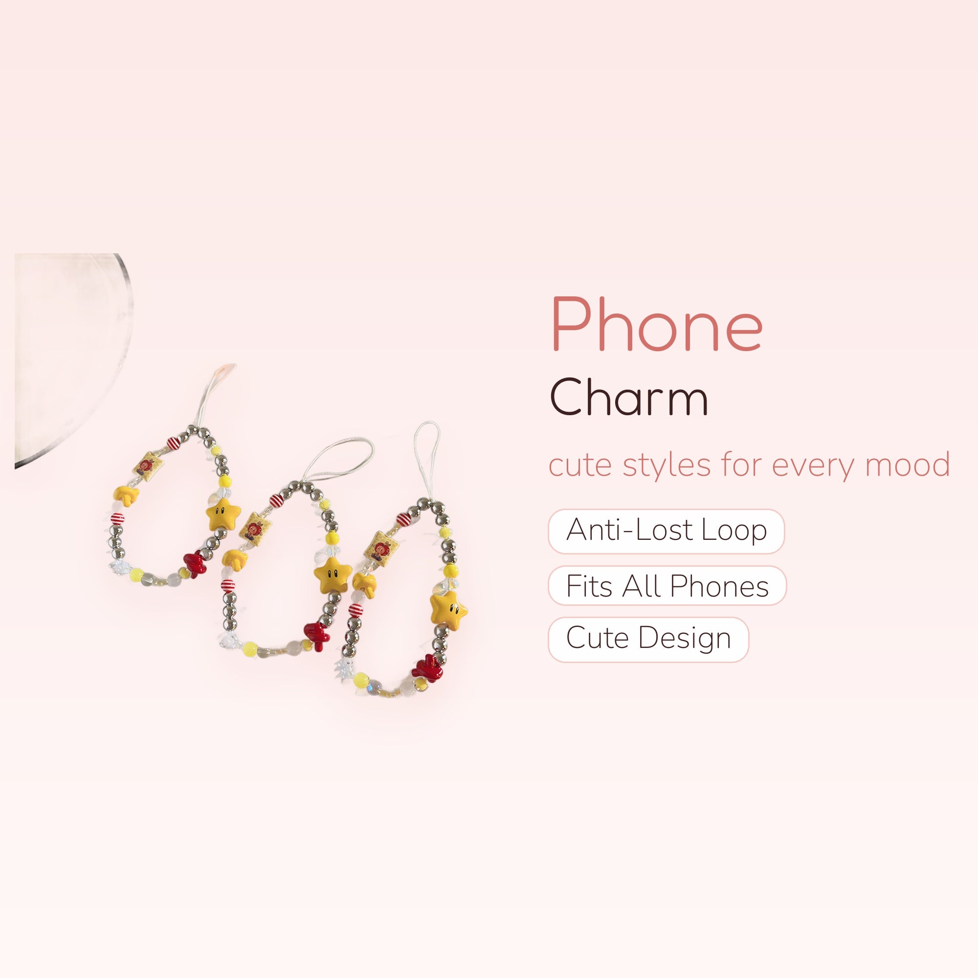 Kawaii Yellow Star & Red Mushroom Phone Charm | Beaded Wrist Strap Lanyard