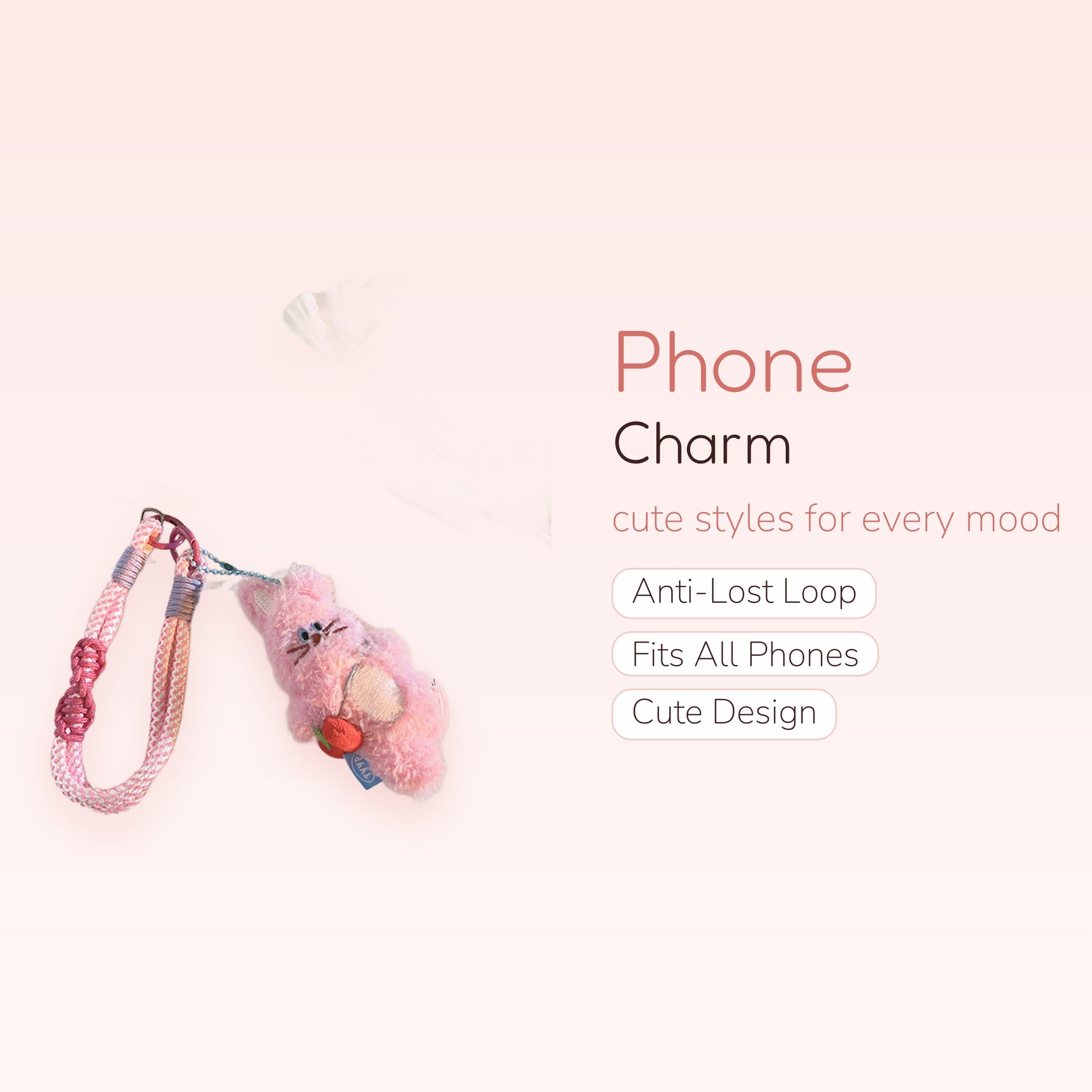 Pink Braided Wrist Phone Charm | Cute Fluffy Bunny & Strawberry Lanyard
