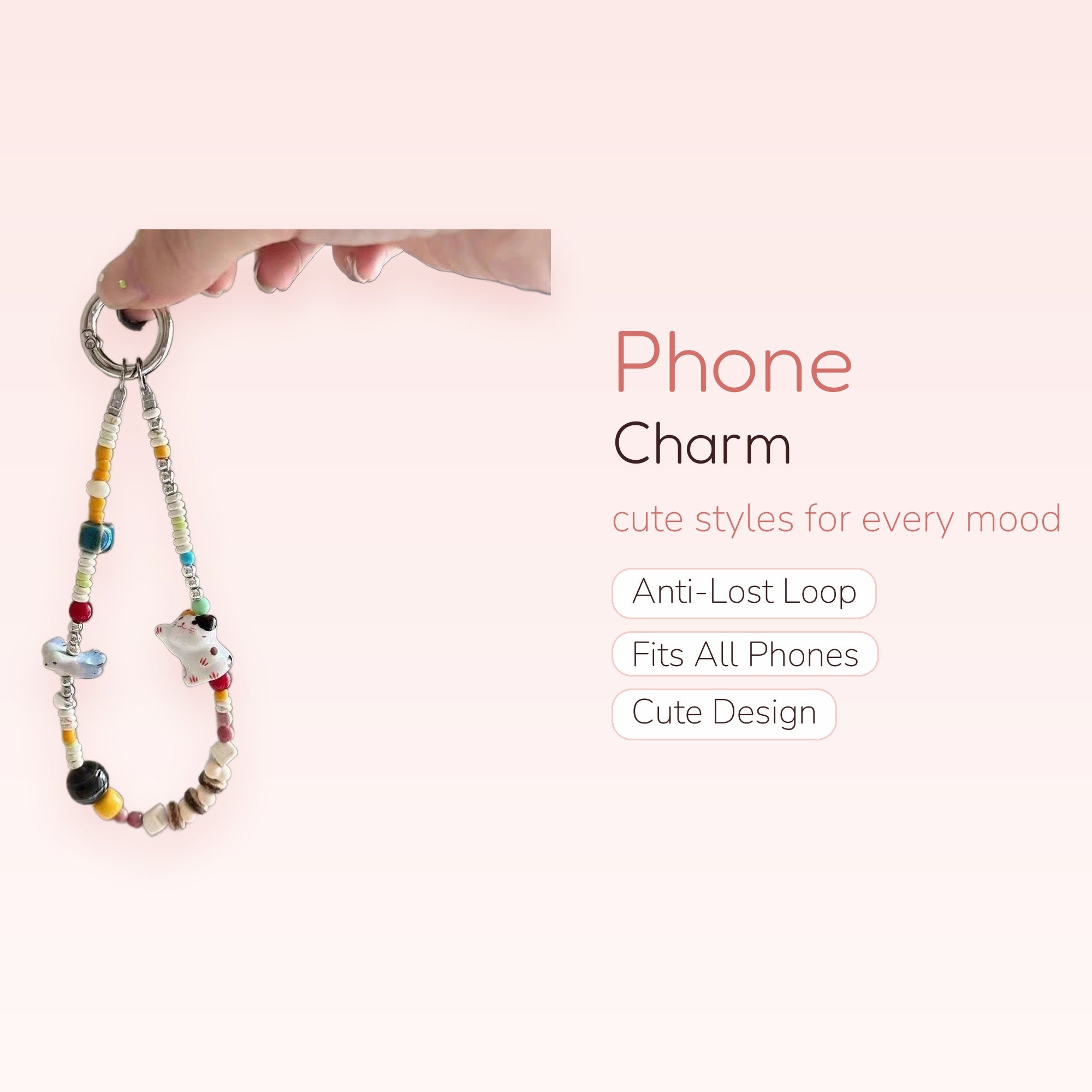 Kawaii Beaded Cat & Cloud Phone Charm Strap | Aesthetic Colorful Wrist Lanyard