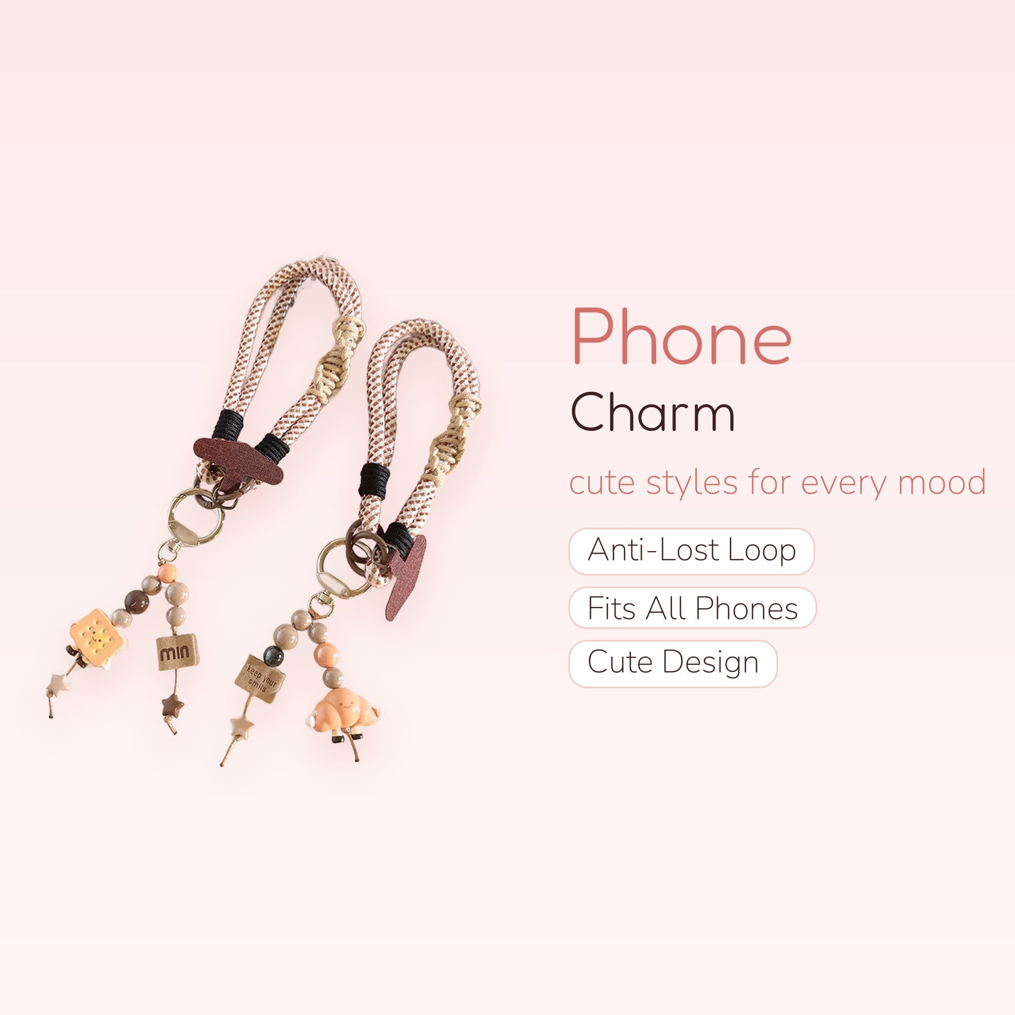 Kawaii Braided Rope Phone Charm | Cute Biscuit & Cloud Wrist Lanyard
