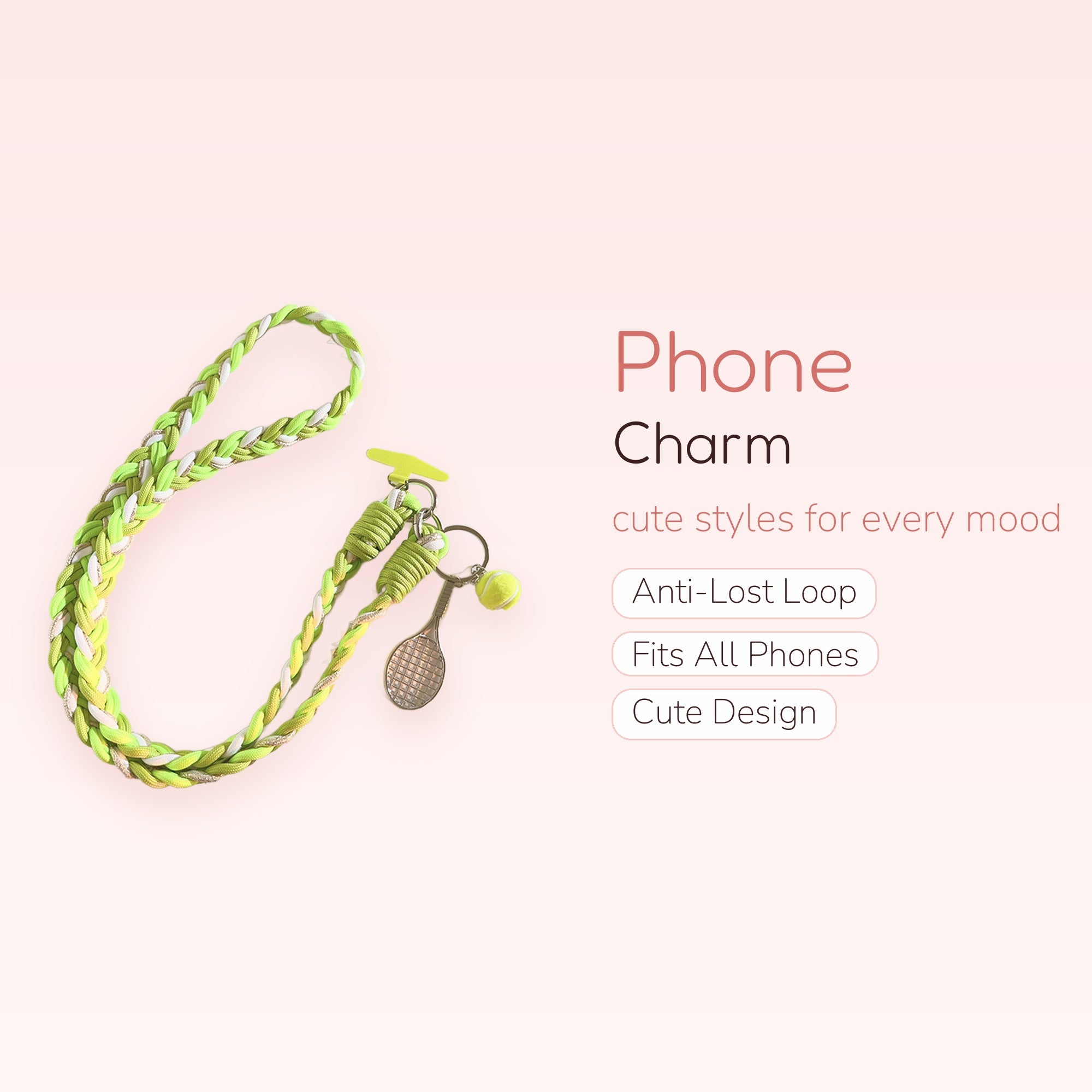 Braided Neon Green & White Phone Lanyard | Tennis Racket & Ball Charm Strap