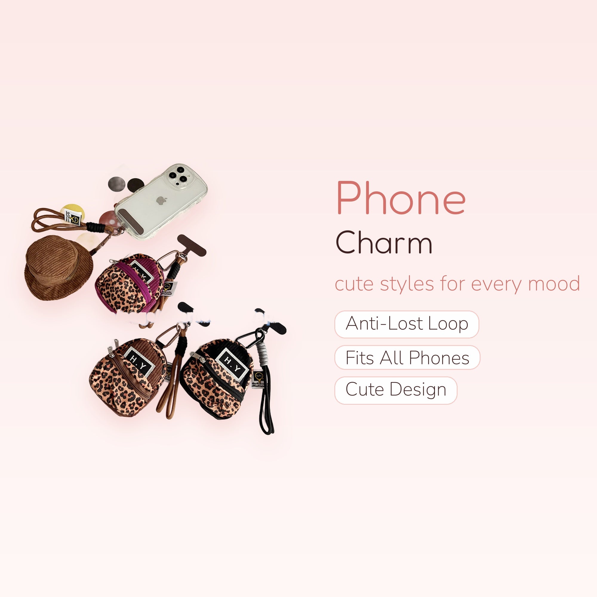Leopard Print Mini Backpack Phone Charm | Cute Corduroy Wrist Strap Keychain