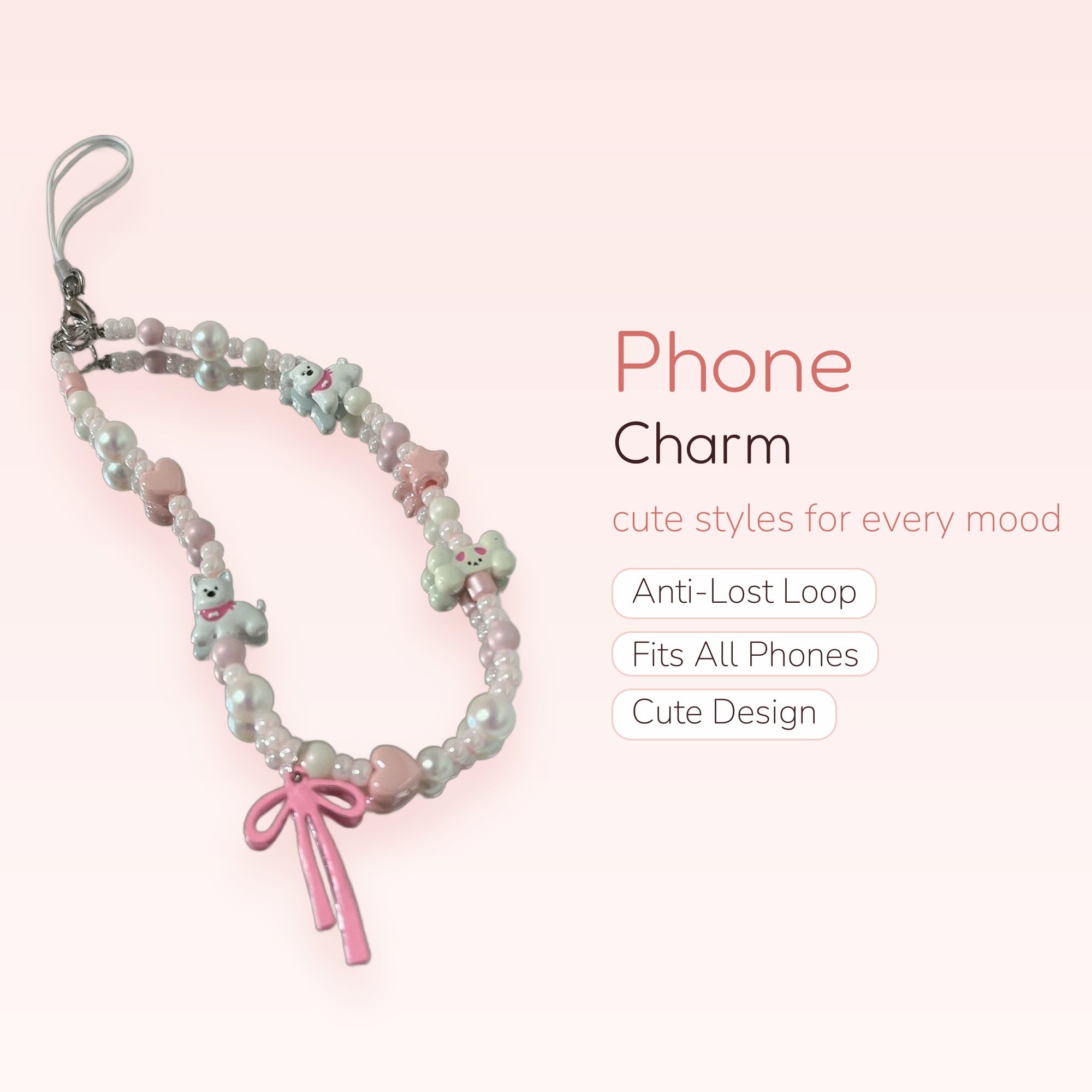 Kawaii Pink & White Puppy Phone Charm | Pastel Beaded Wrist Lanyard with Bow