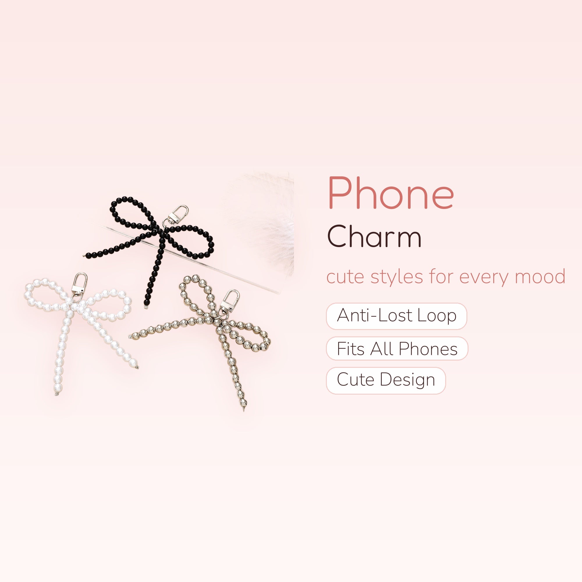 Cute Beaded Bow Phone Charm | Pearl, Black, & Silver Aesthetic Wrist Strap