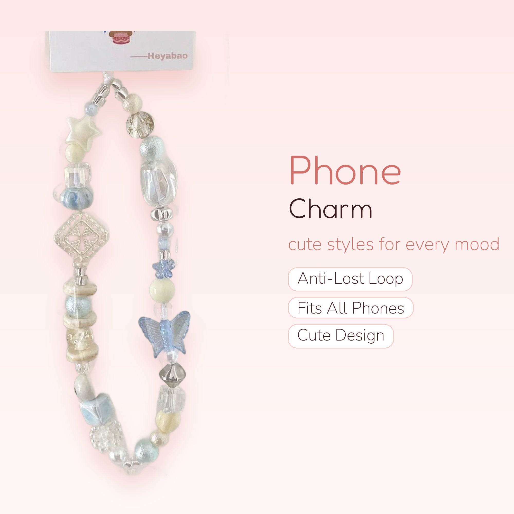 Pastel Blue & White Beaded Phone Charm | Aesthetic Star Butterfly Wrist Strap