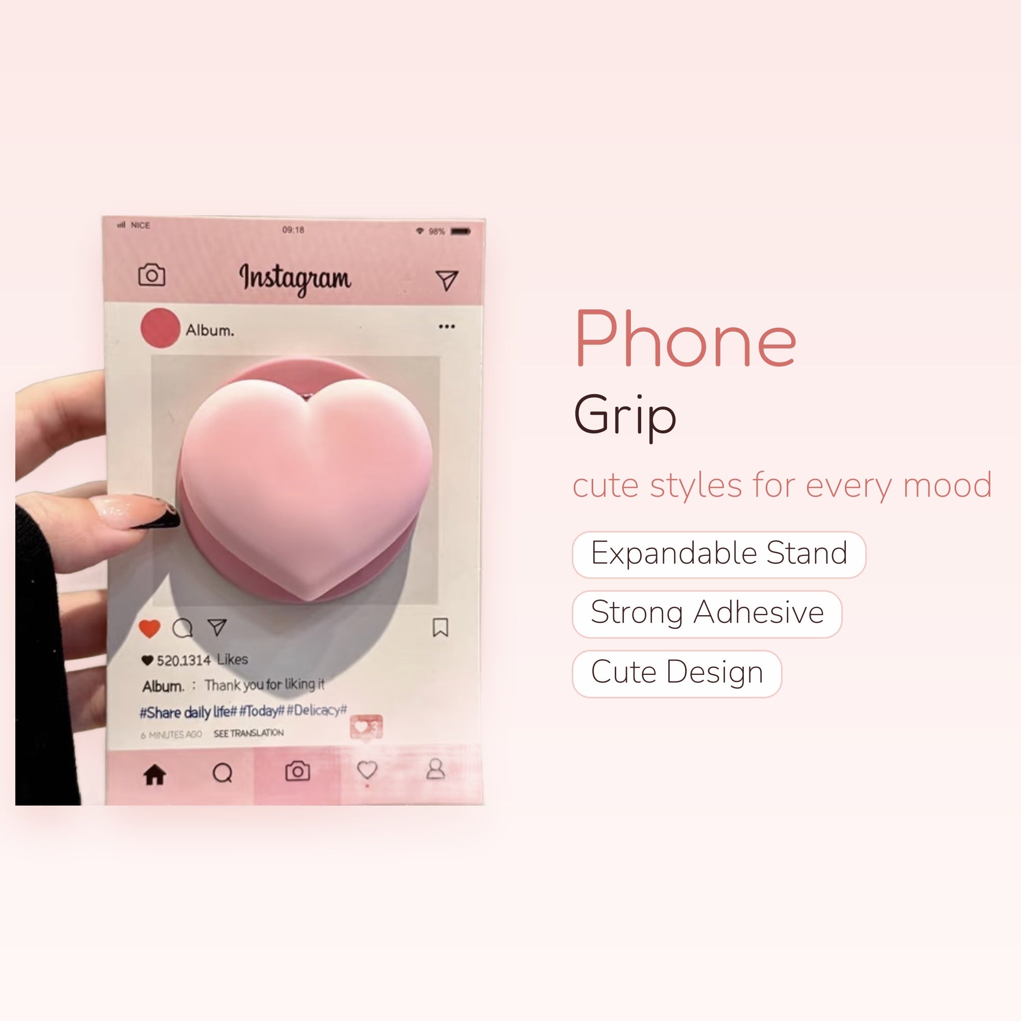 Pink Heart Instagram Phone Grip | Cute Pop Socket Stand for Aesthetic Phones