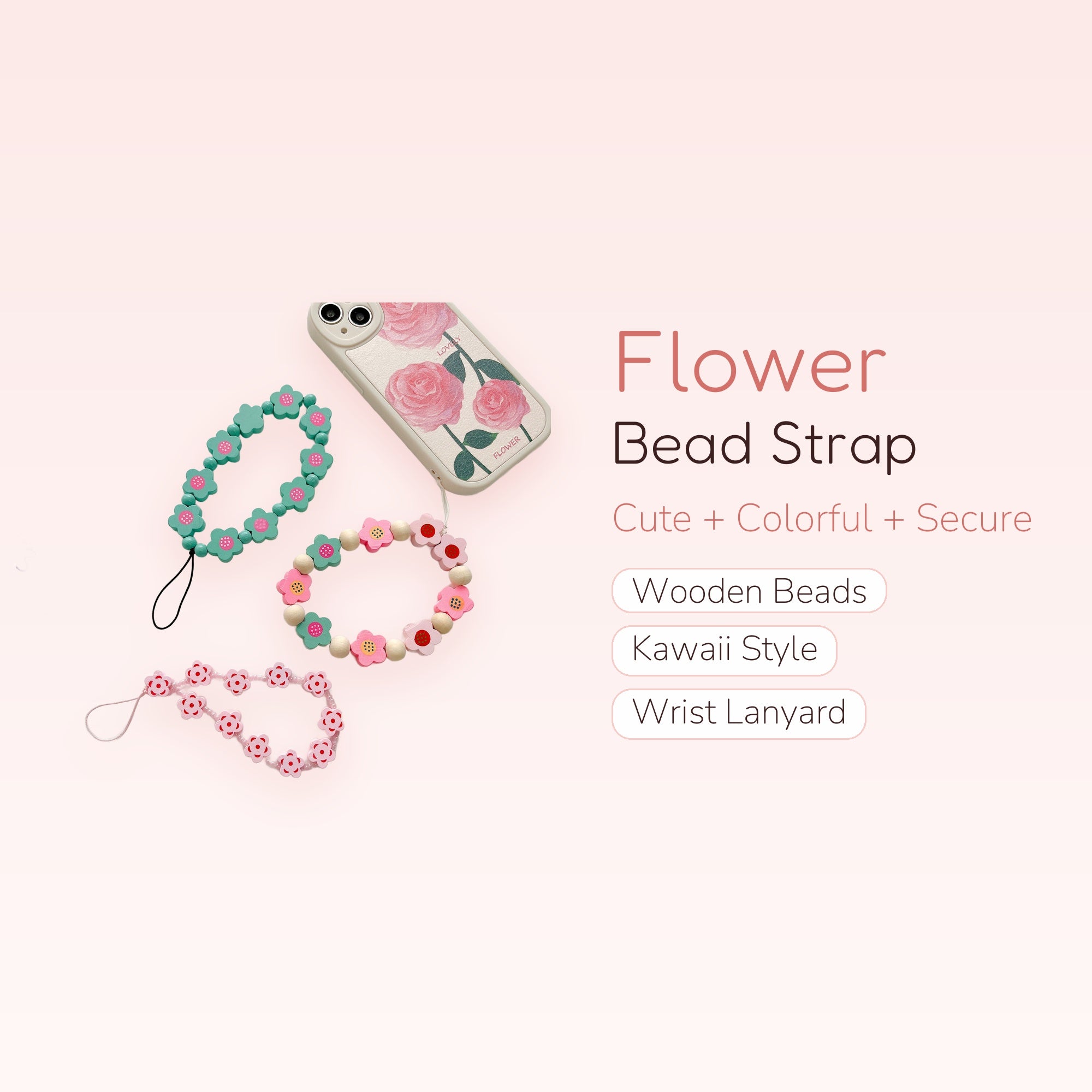 Kawaii Flower Bead Phone Charm Strap | Cute Wooden Wrist Lanyard