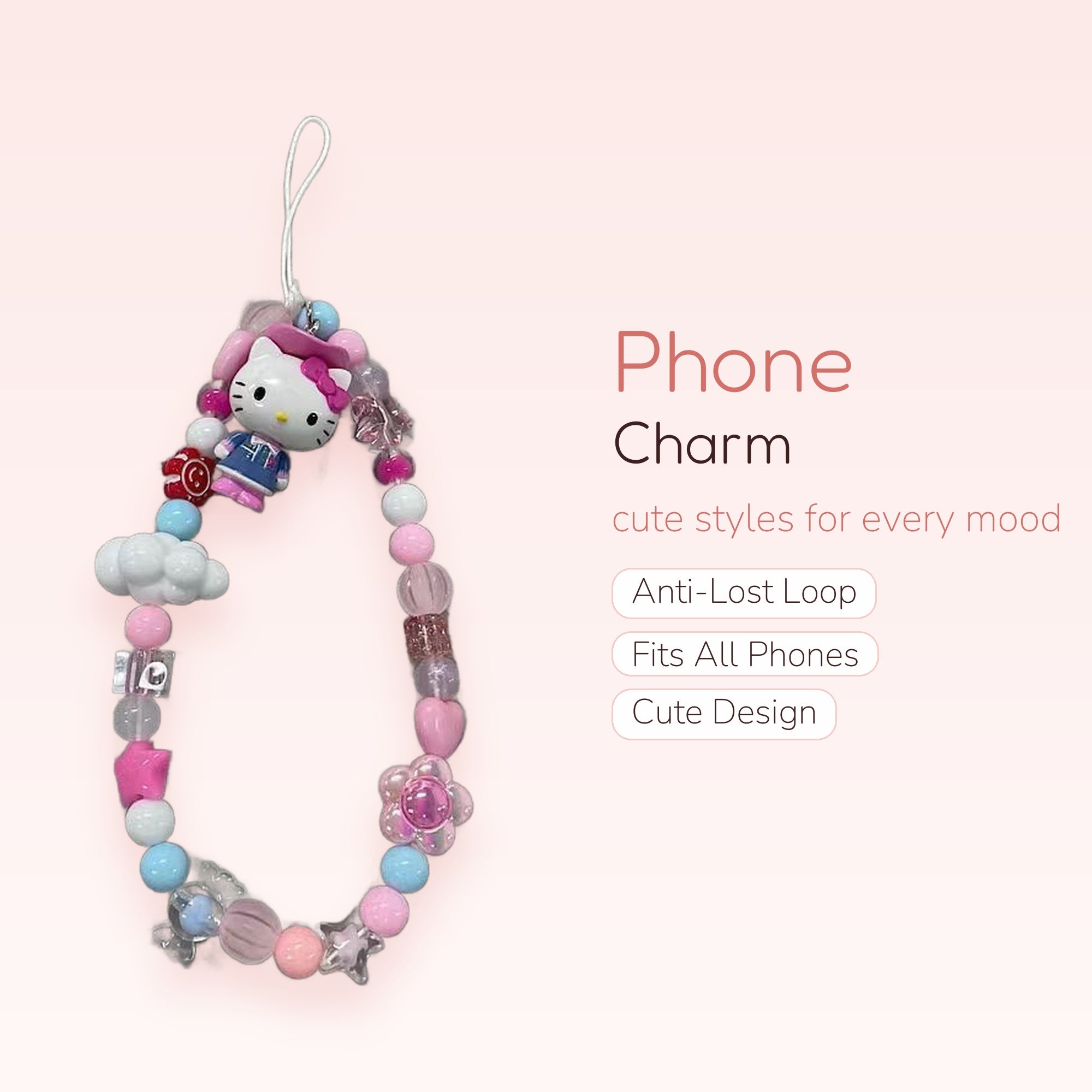 Kawaii Hello Kitty & Cloud Phone Charm | Pastel Beaded Wrist Lanyard