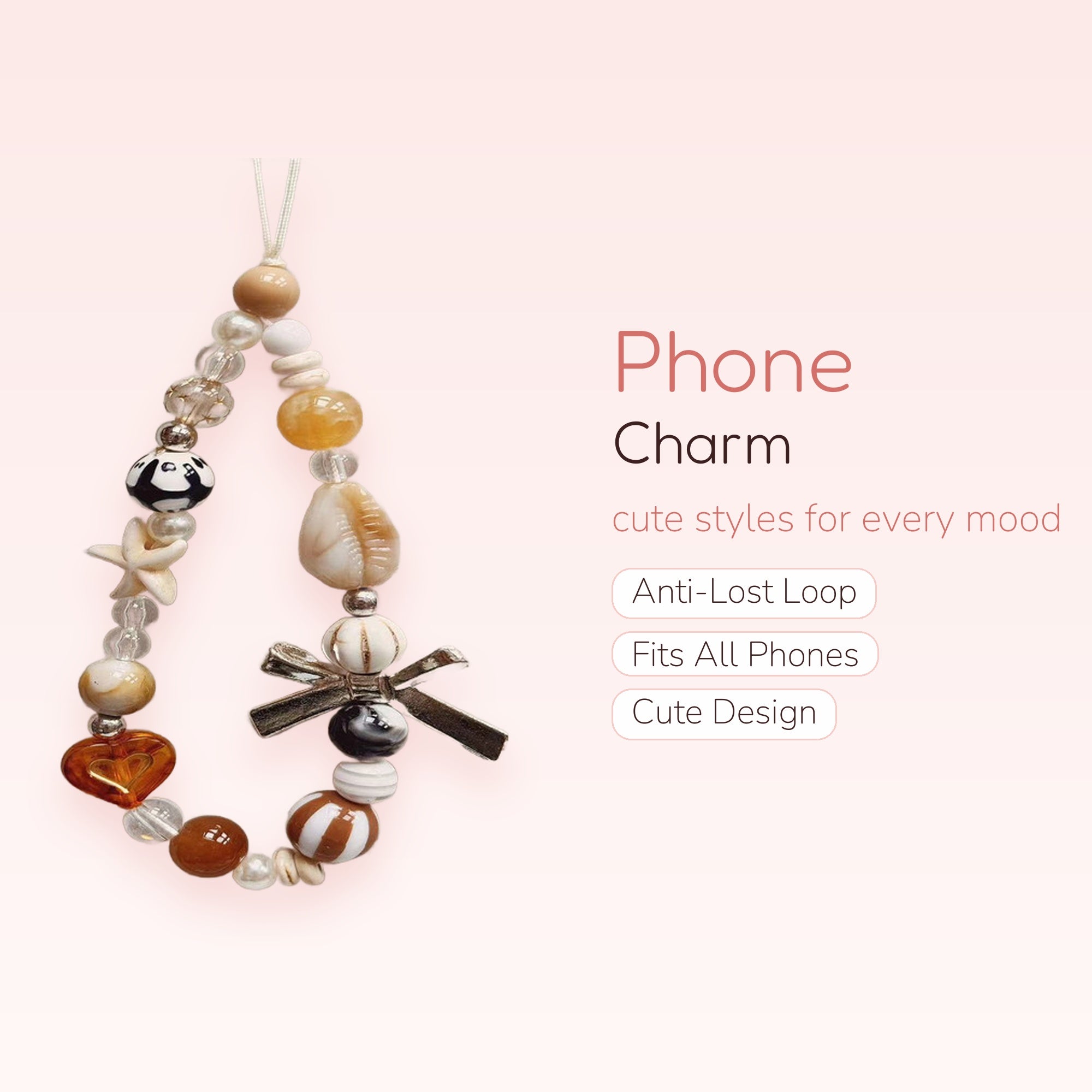 Aesthetic Seashell & Starfish Phone Charm Strap | Neutral Beaded Wrist Lanyard