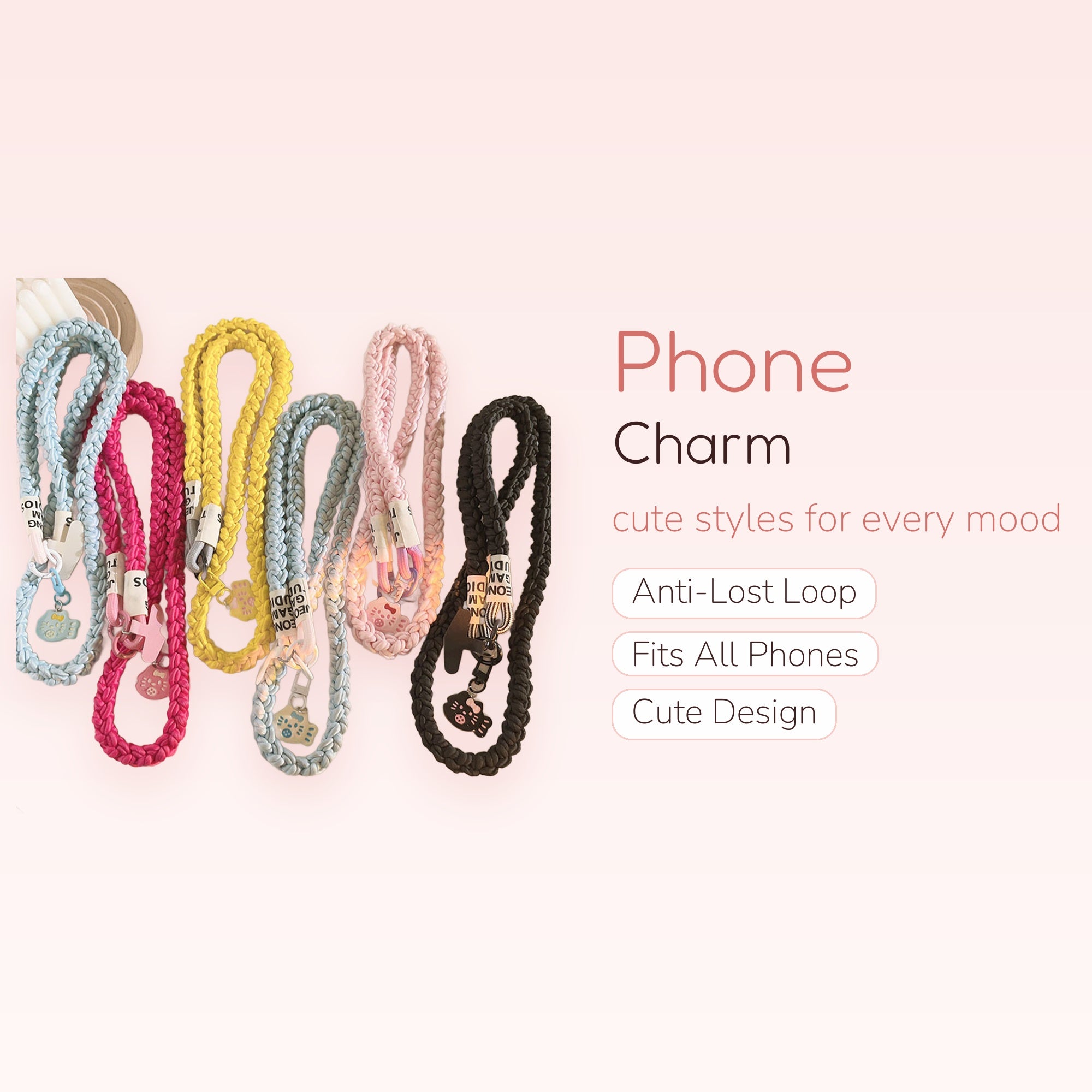 Braided Hello Kitty Phone Lanyard | Kawaii Pastel Wrist Strap Charm