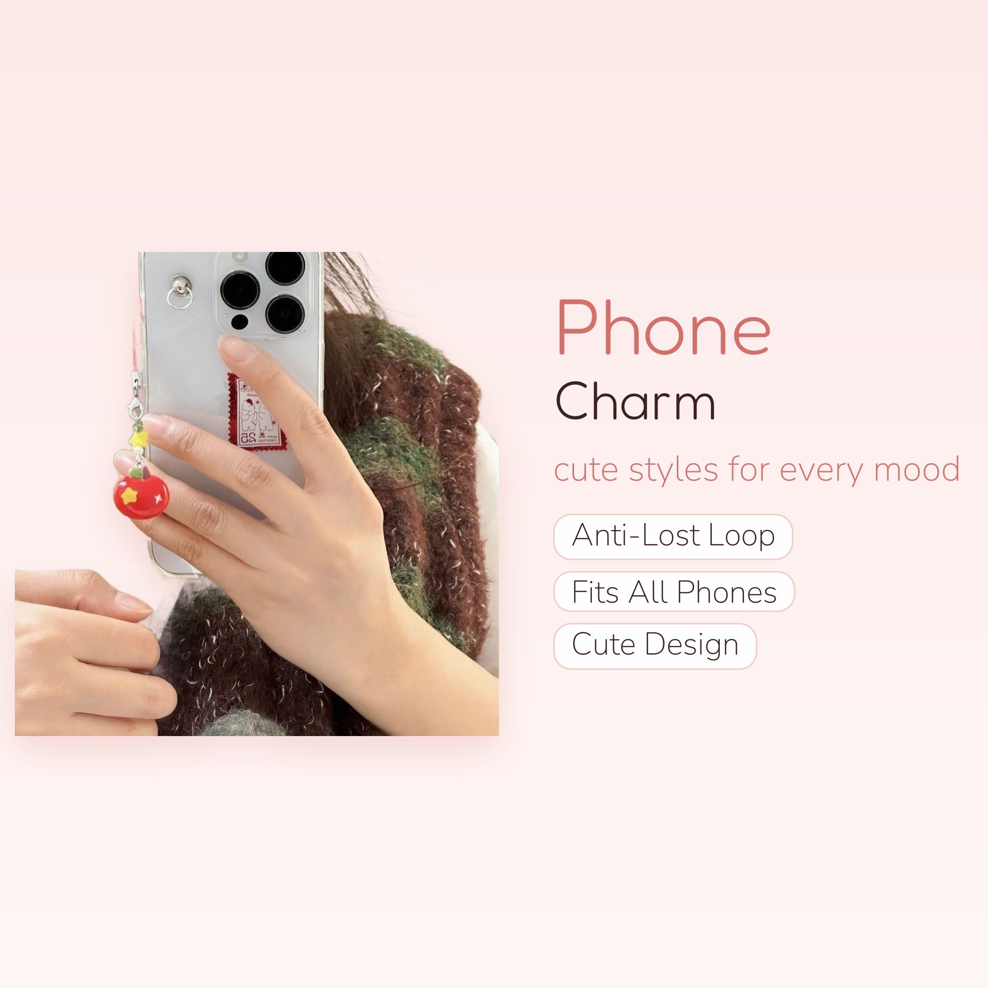 Cute Red Apple & Star Phone Charm | Kawaii Beaded Phone Strap