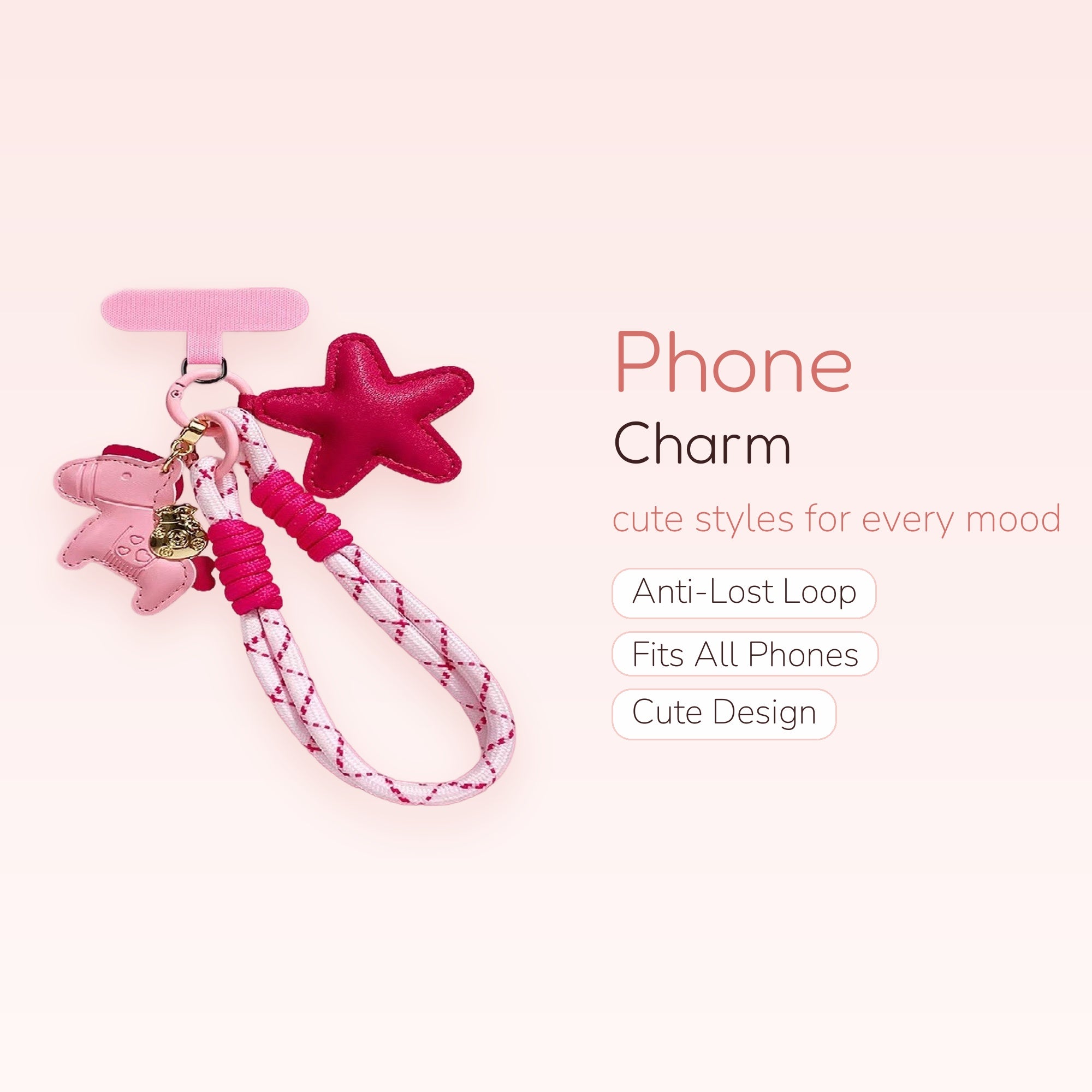 Kawaii Pink Horse & Star Phone Charm Lanyard | Cute Wrist Strap for Phone