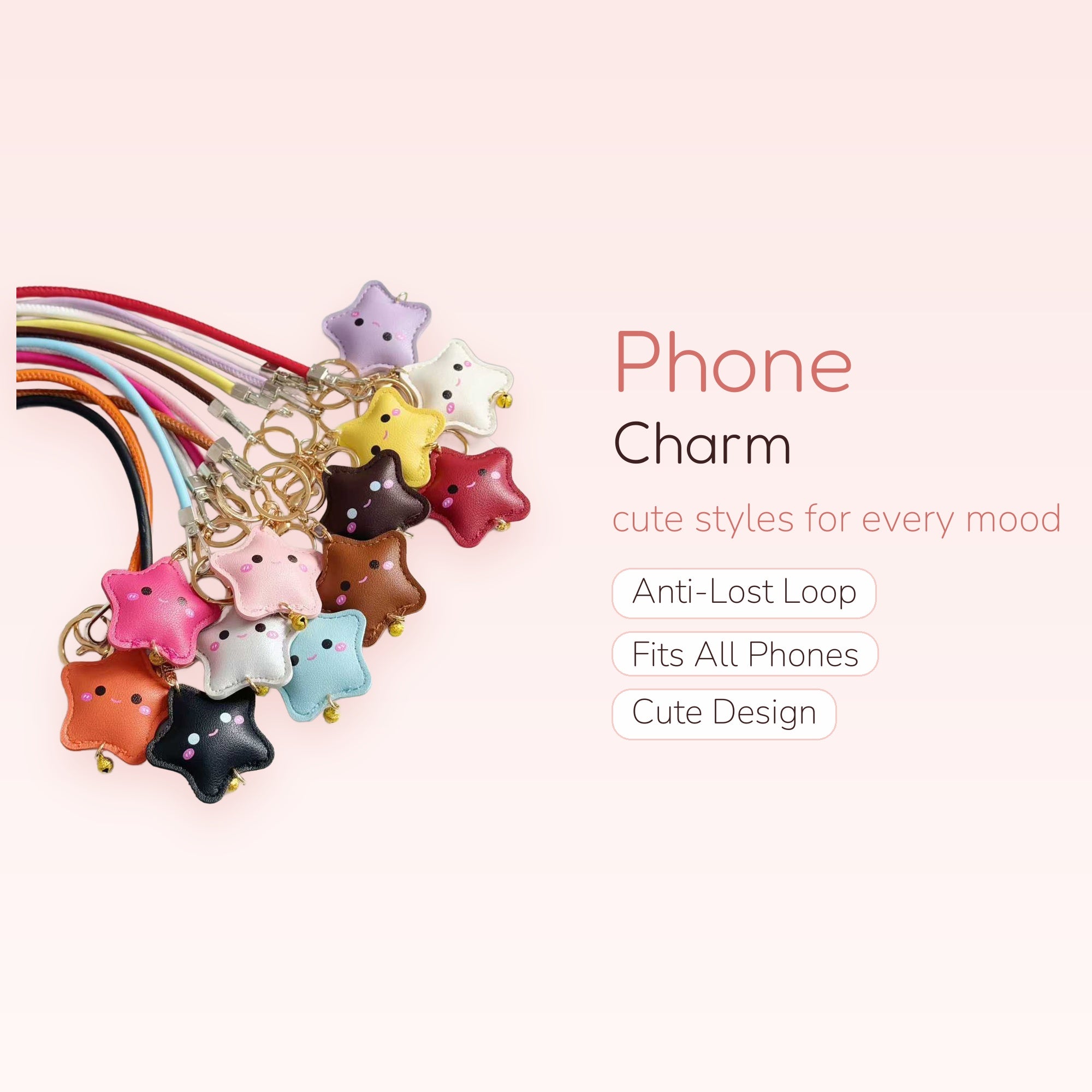 Kawaii Star Face Phone Charm Lanyard | Colorful Faux Leather Keychains with Bells