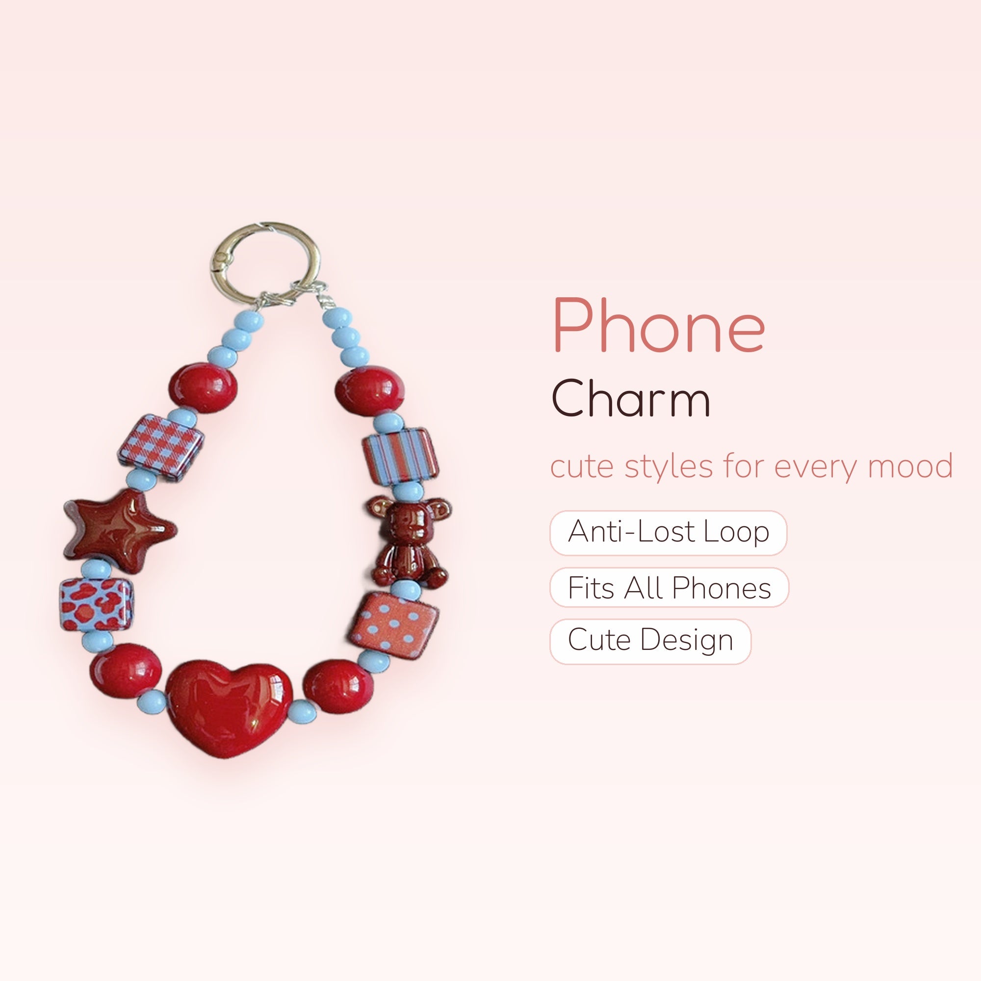 Red & Blue Beaded Phone Charm Strap | Kawaii Heart Star Bear Wrist Lanyard