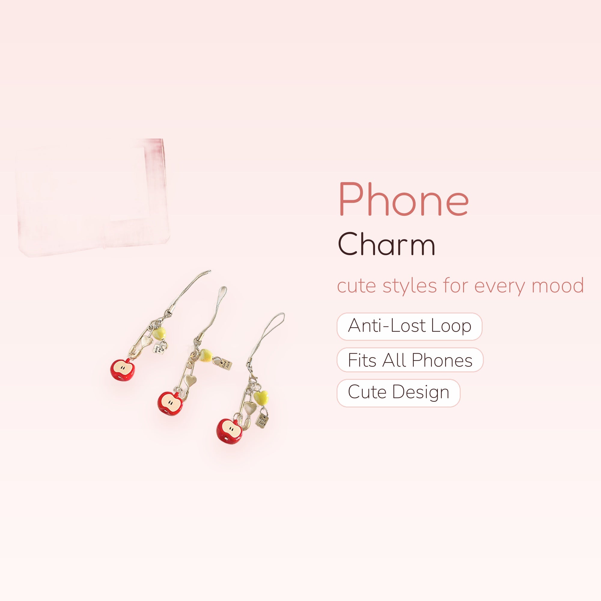 Cute Red Apple & Heart Safety Pin Phone Charm | Aesthetic Yellow Beaded Wrist Strap