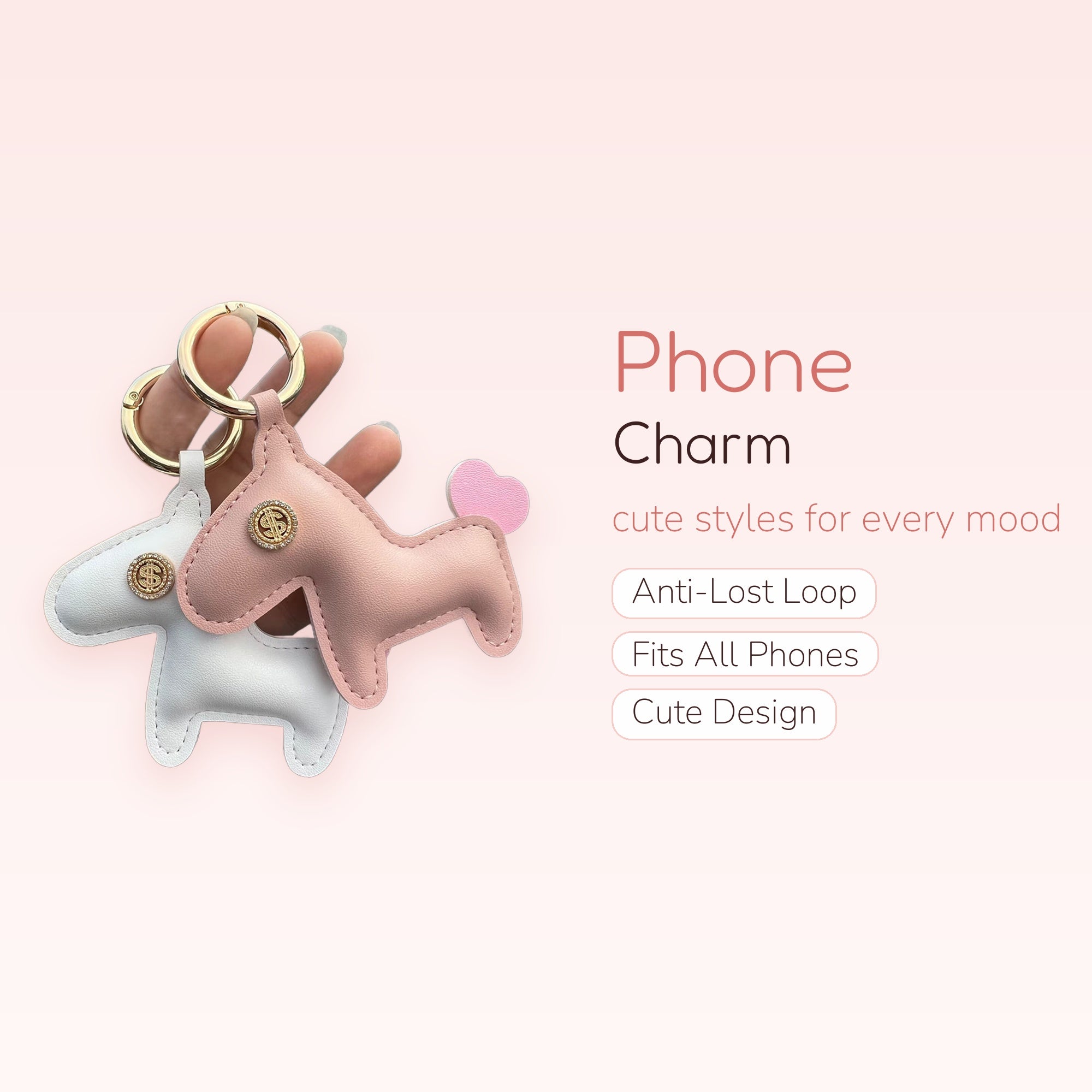 Cute Leather Horse Keychain Phone Charm | Pink & White Dollar Sign Bag Charm