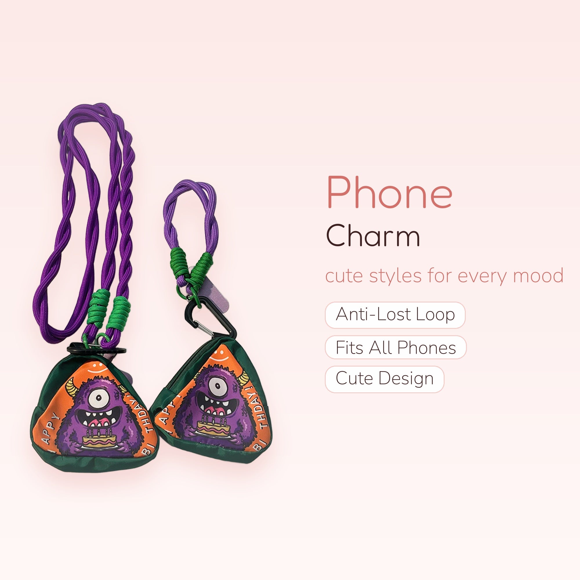 Cute Purple Monster Phone Lanyard | Green & Orange Triangle Pouch Charm