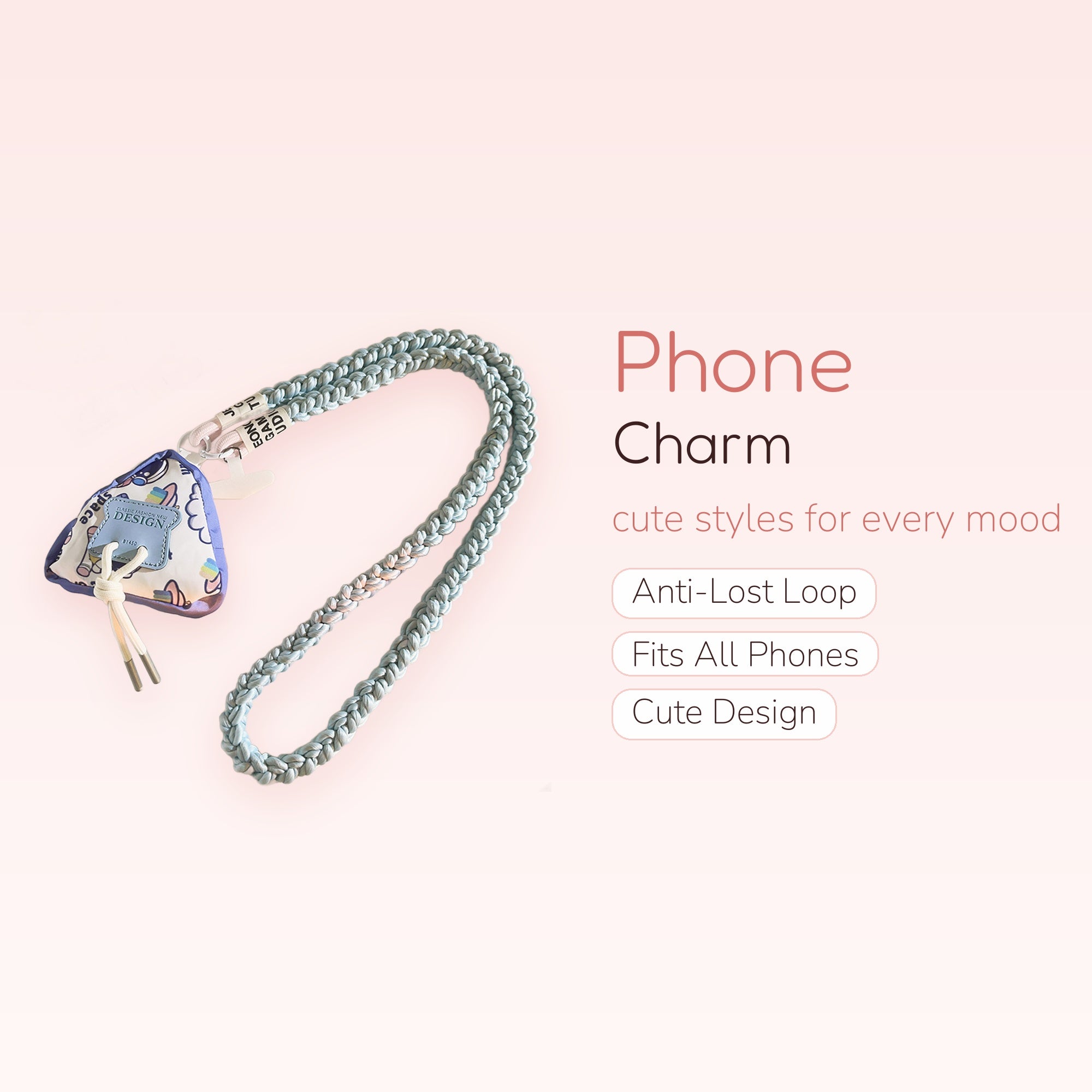 Kawaii Braided Rope Phone Charm Lanyard | Pastel Blue & White Long Shoulder Strap