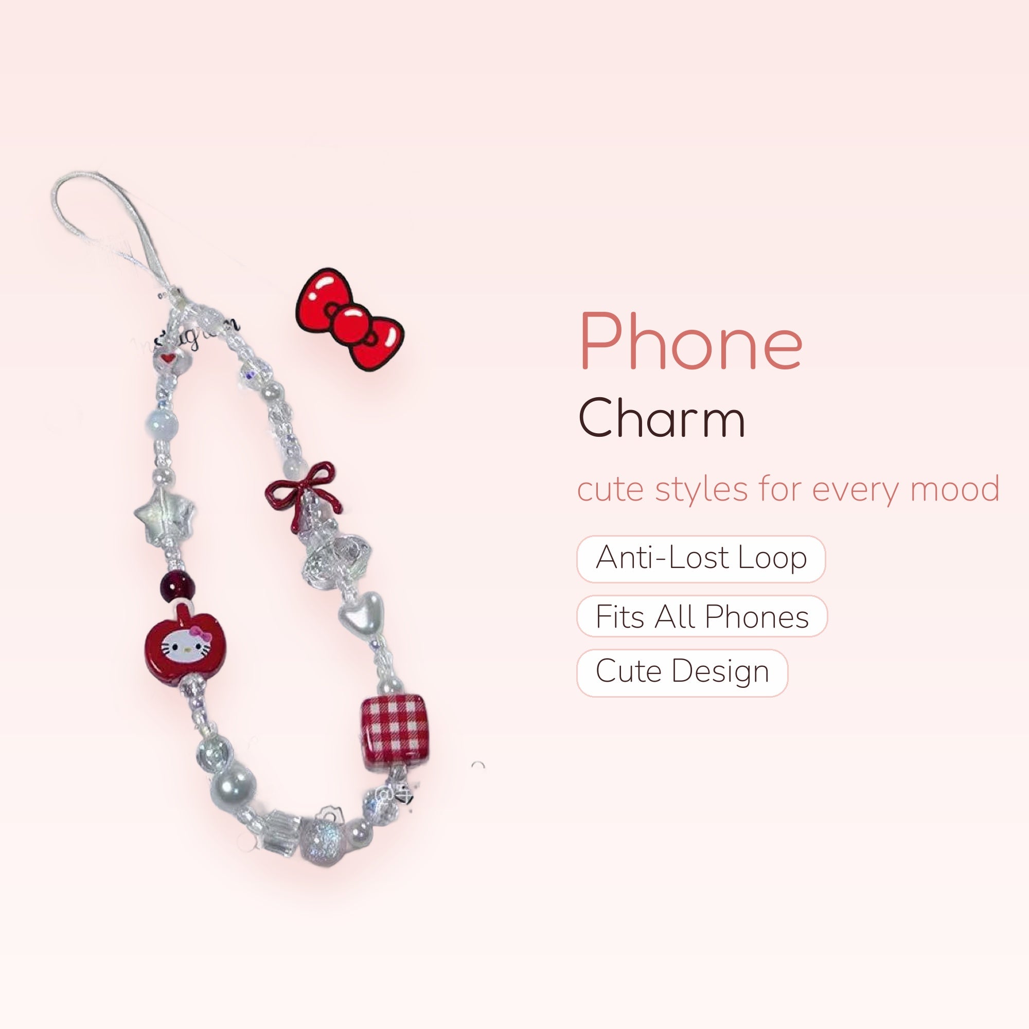 Kawaii Hello Kitty Apple & Bow Phone Charm Strap | Red Plaid Beaded Wrist Lanyard