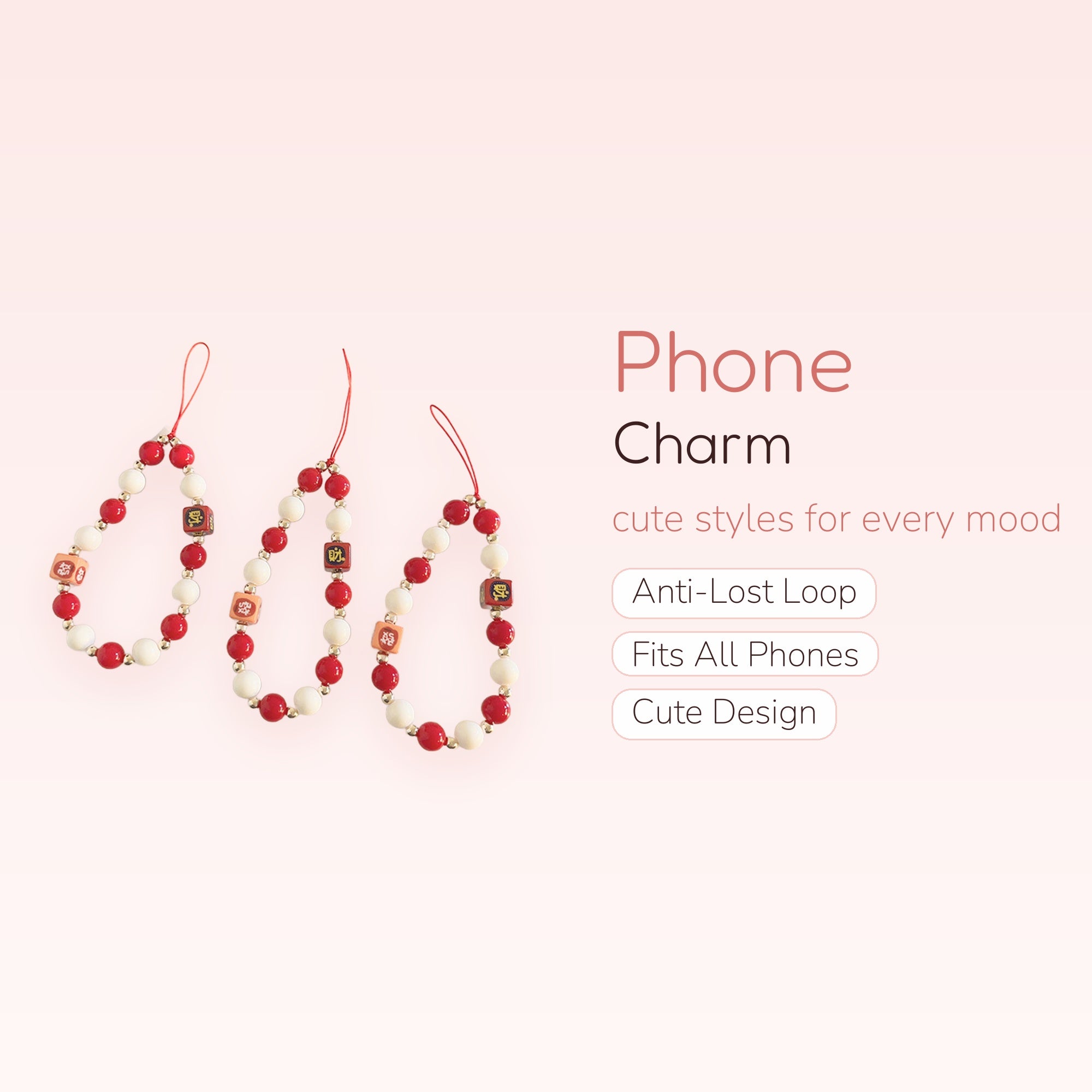 Aesthetic Red & White Beaded Phone Charm | Lucky Chinese Character Wrist Strap