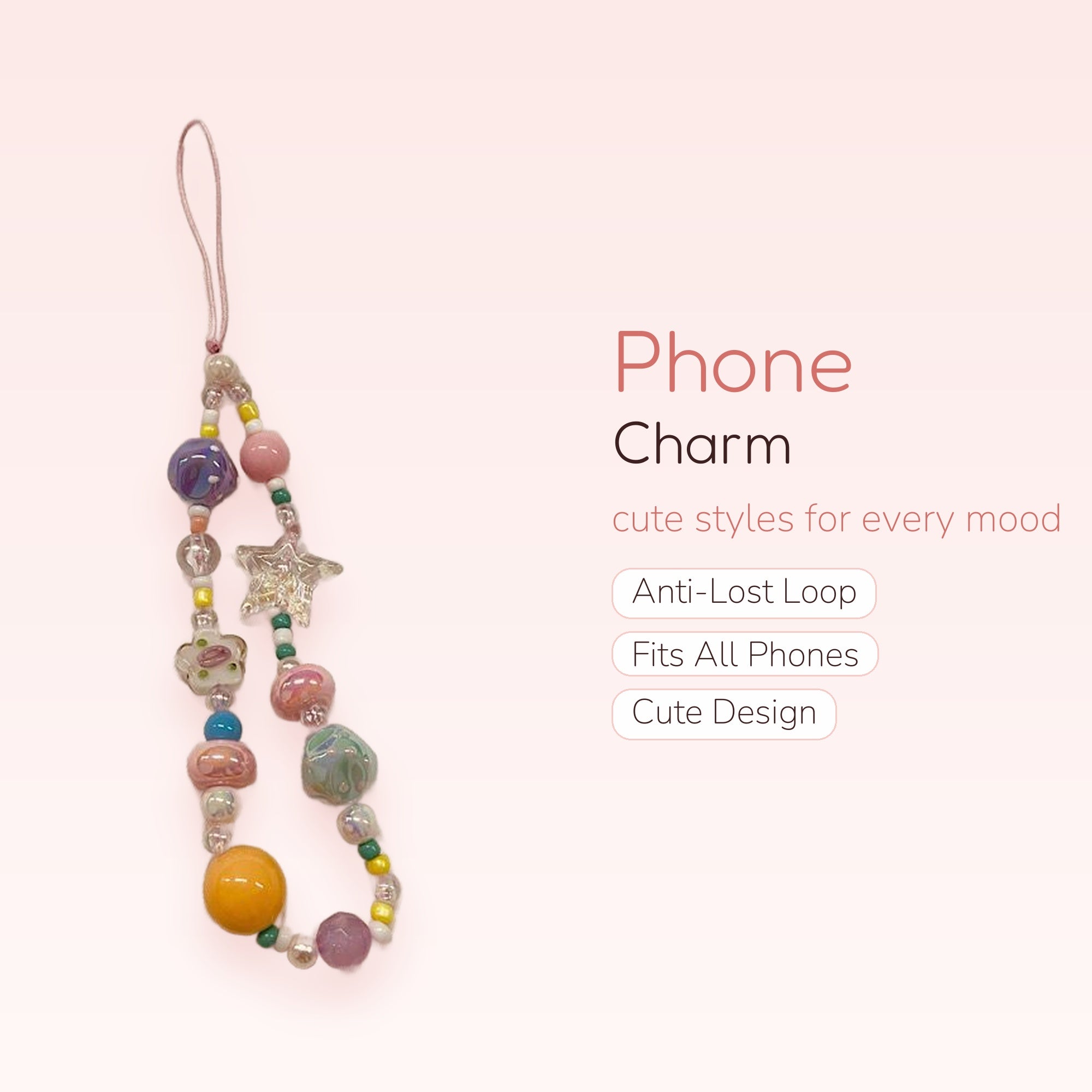 Pastel Beaded Phone Charm Strap | Kawaii Star & Flower Wrist Lanyard