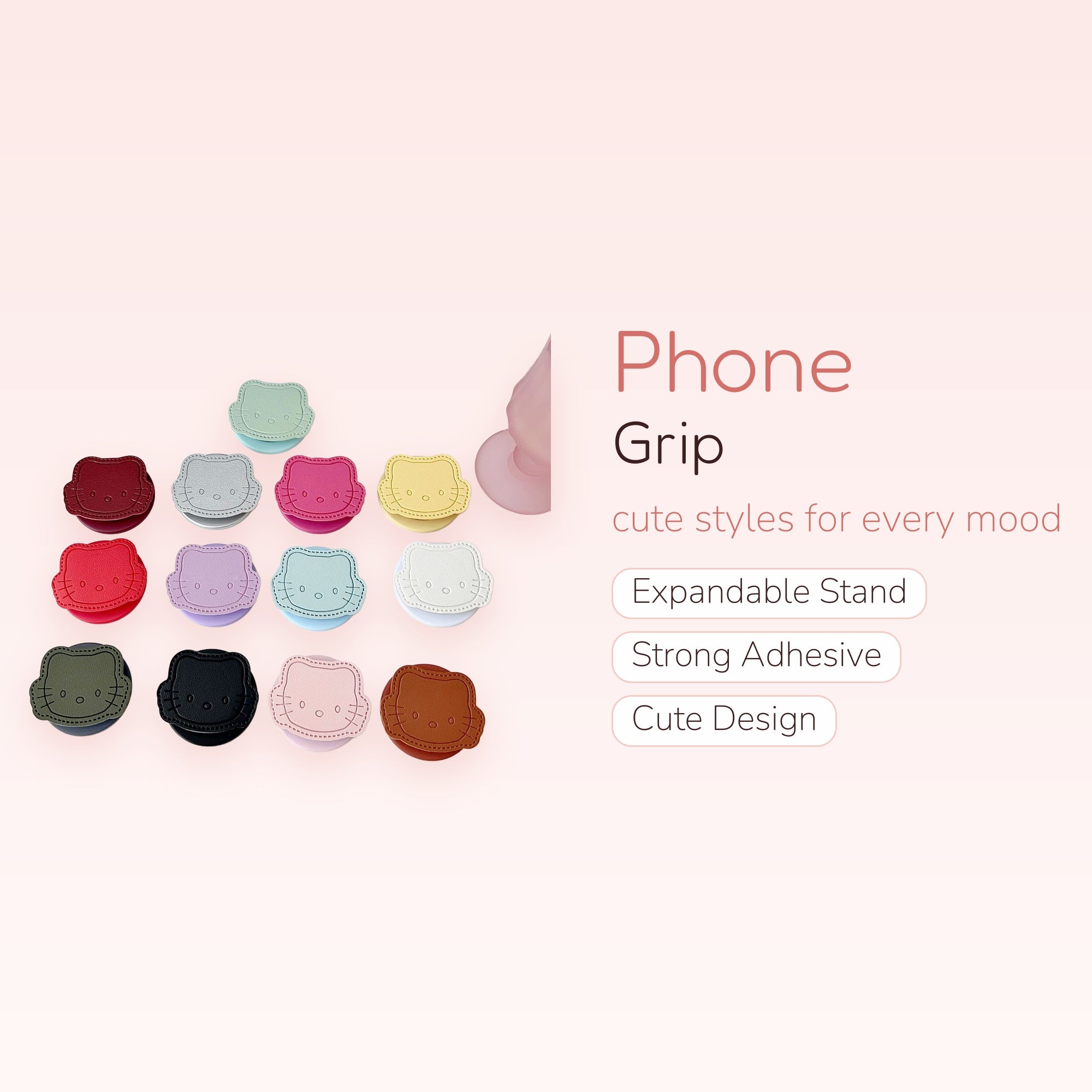 Kawaii Hello Kitty Faux Leather Phone Grip | Cute Pop Socket Stand in Multiple Colors