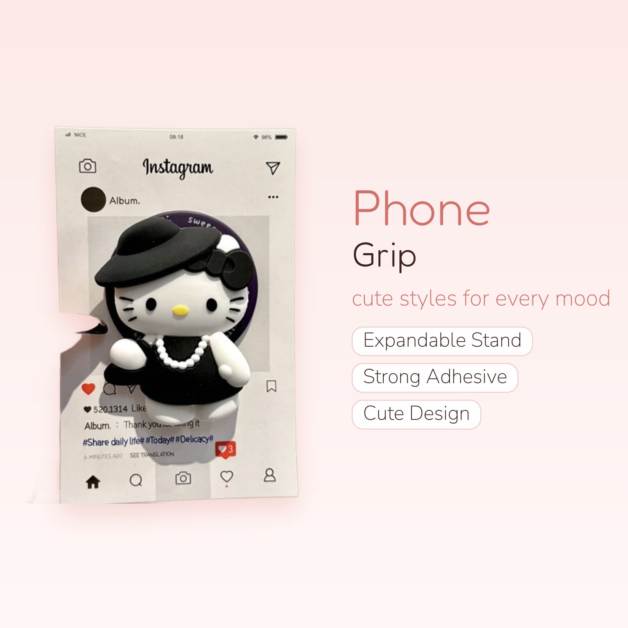 Kawaii Hello Kitty Instagram Phone Grip | Black & White Pop Socket Stand