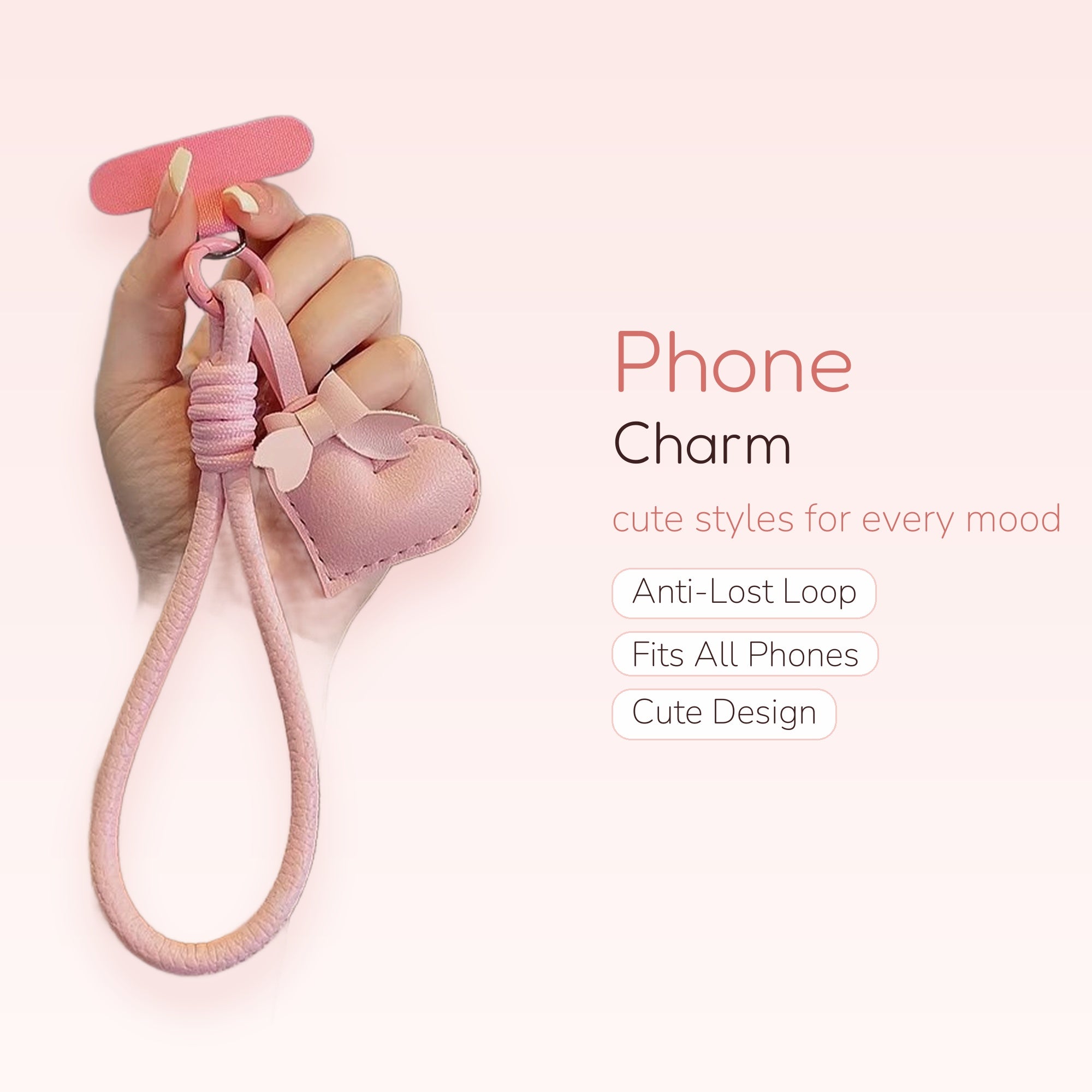 Pink Braided Wrist Phone Charm with Heart & Bow | Cute Aesthetic Phone Lanyard