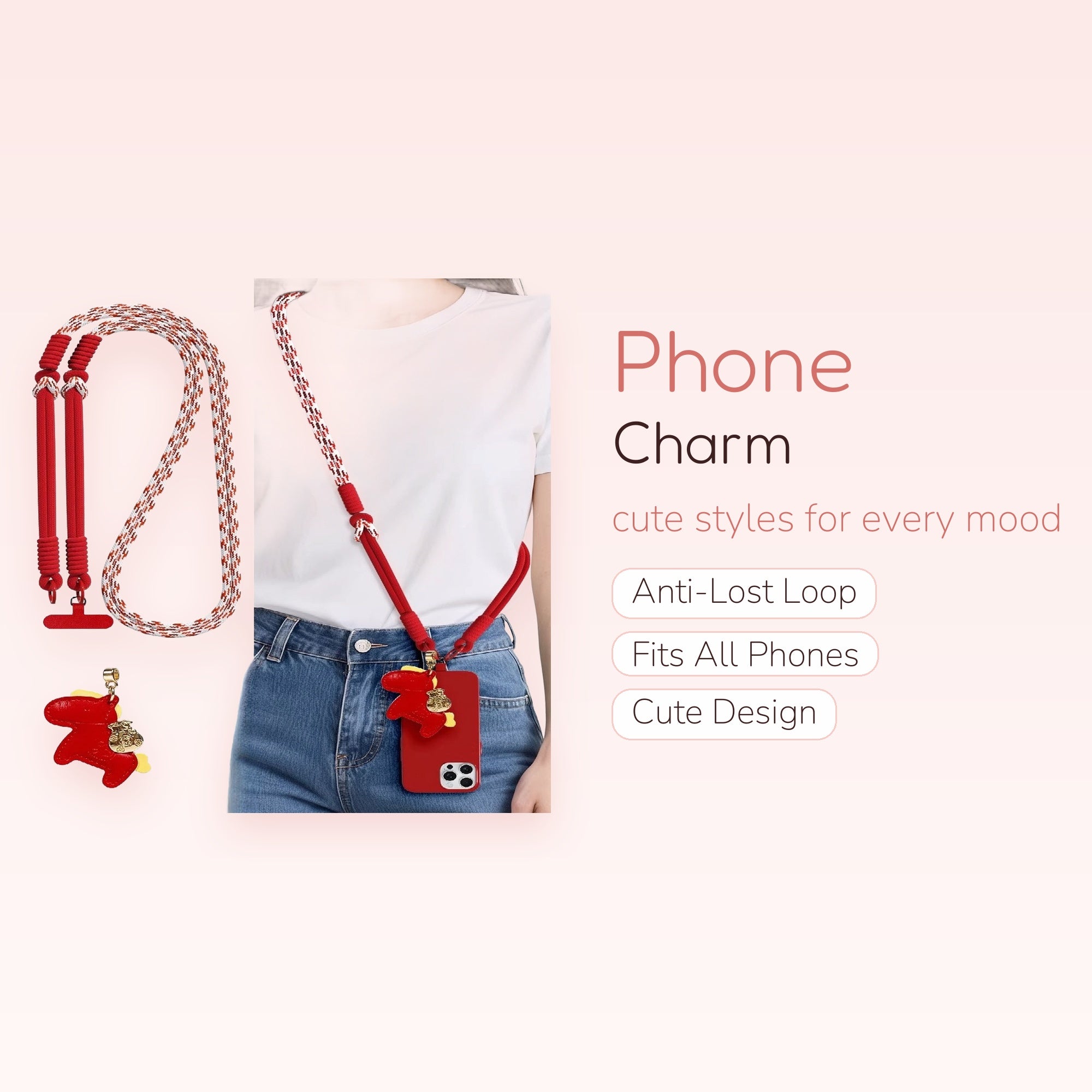Red & White Braided Phone Lanyard | Cute Horse Charm Crossbody Strap