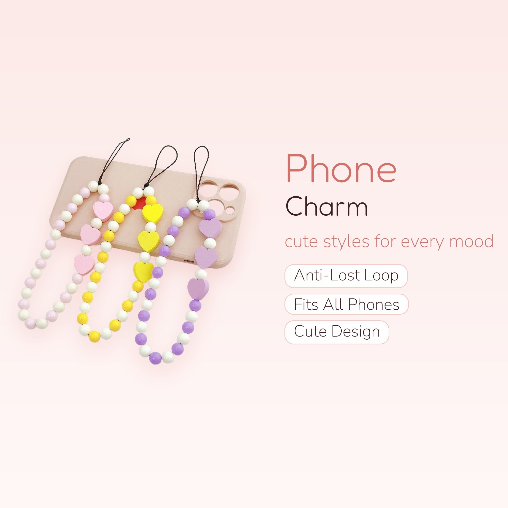 Pastel Heart & Bead Phone Charm Strap | Cute Beaded Wrist Lanyard