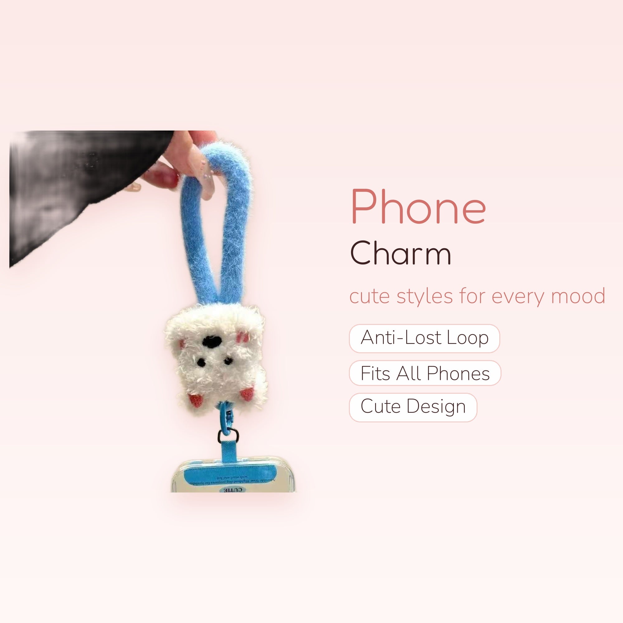 Fluffy White Puppy Phone Charm | Cute Blue Fuzzy Lanyard