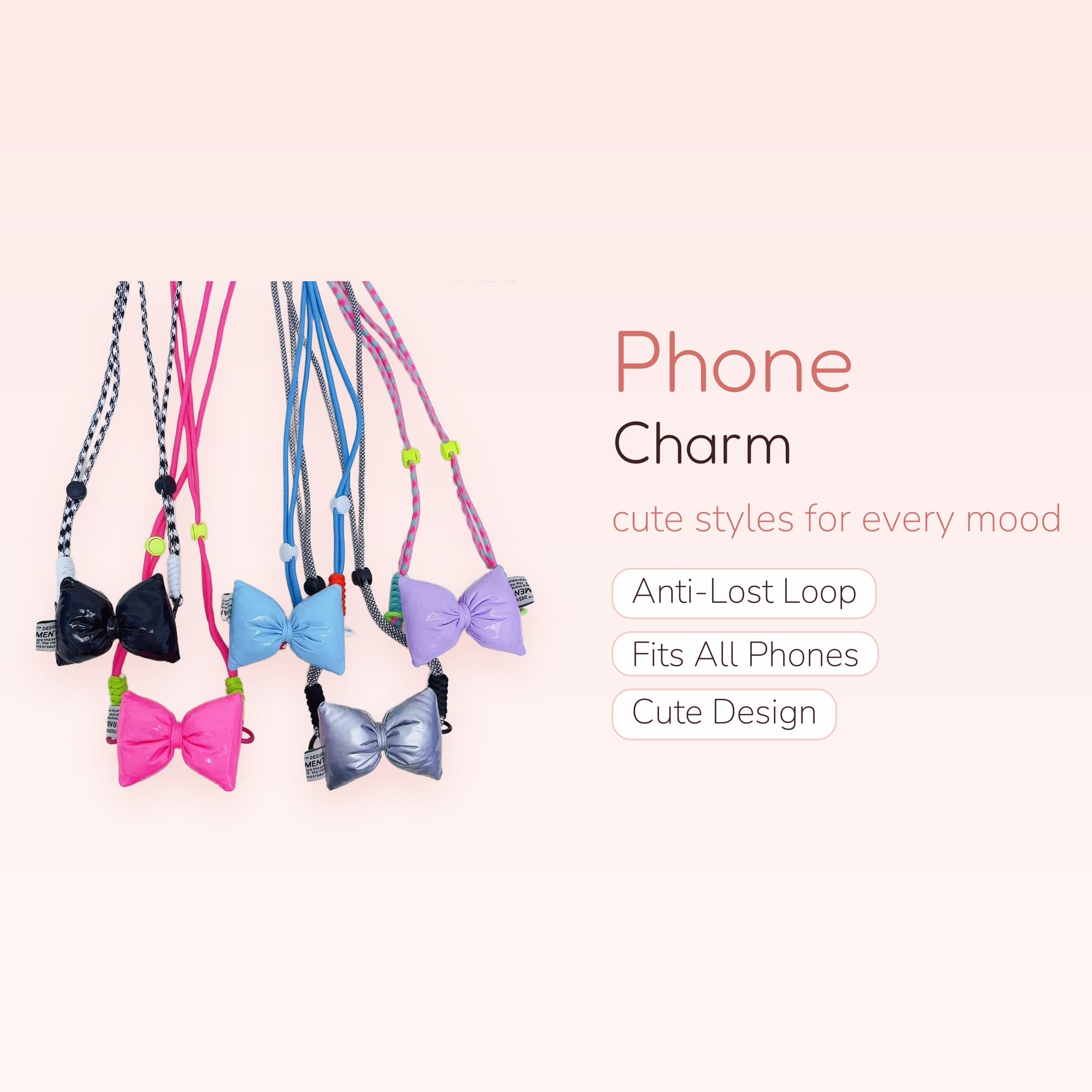 Kawaii Puffy Bow Phone Charm Lanyard | Colorful Adjustable Neck Strap