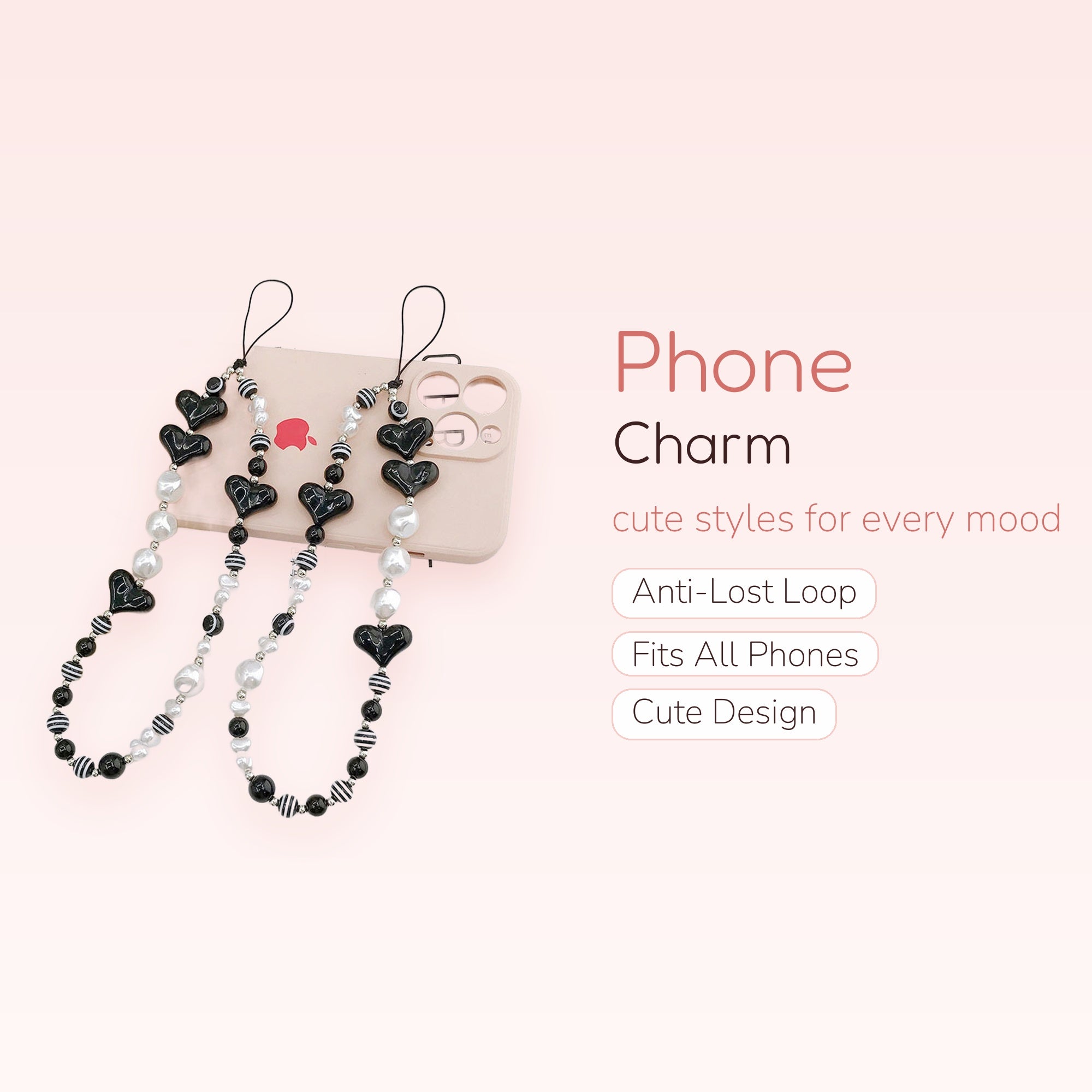 Aesthetic Black Heart & Pearl Phone Charm | Y2K Beaded Phone Strap