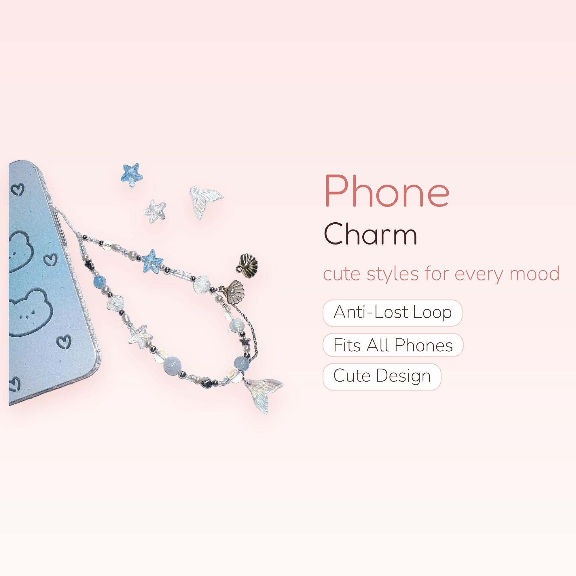 Aesthetic Mermaidcore Beaded Phone Charm | Pastel Blue Star & Pearl Wrist Strap