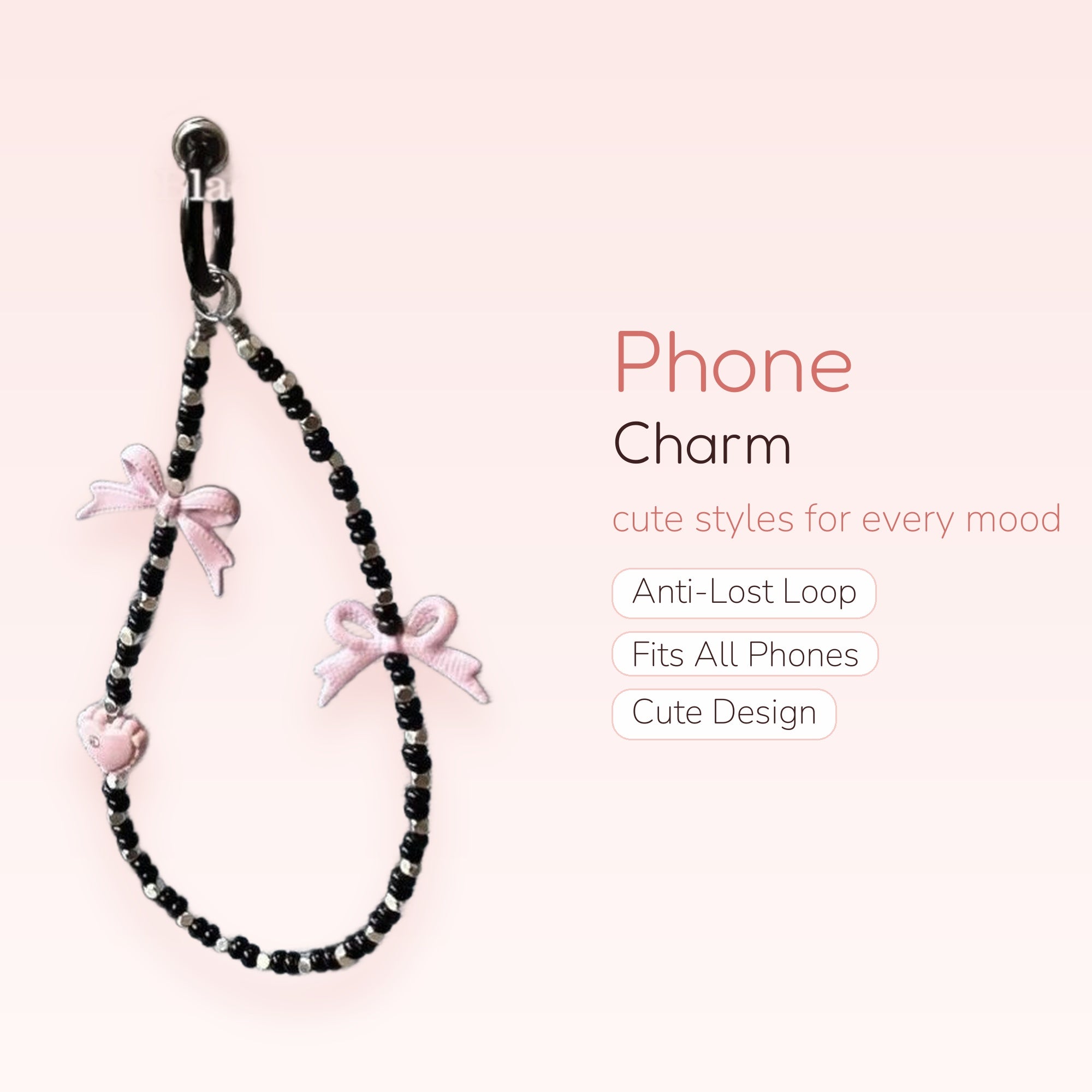 Kawaii Black & Silver Beaded Phone Charm | Pink Bow & Heart Wrist Strap