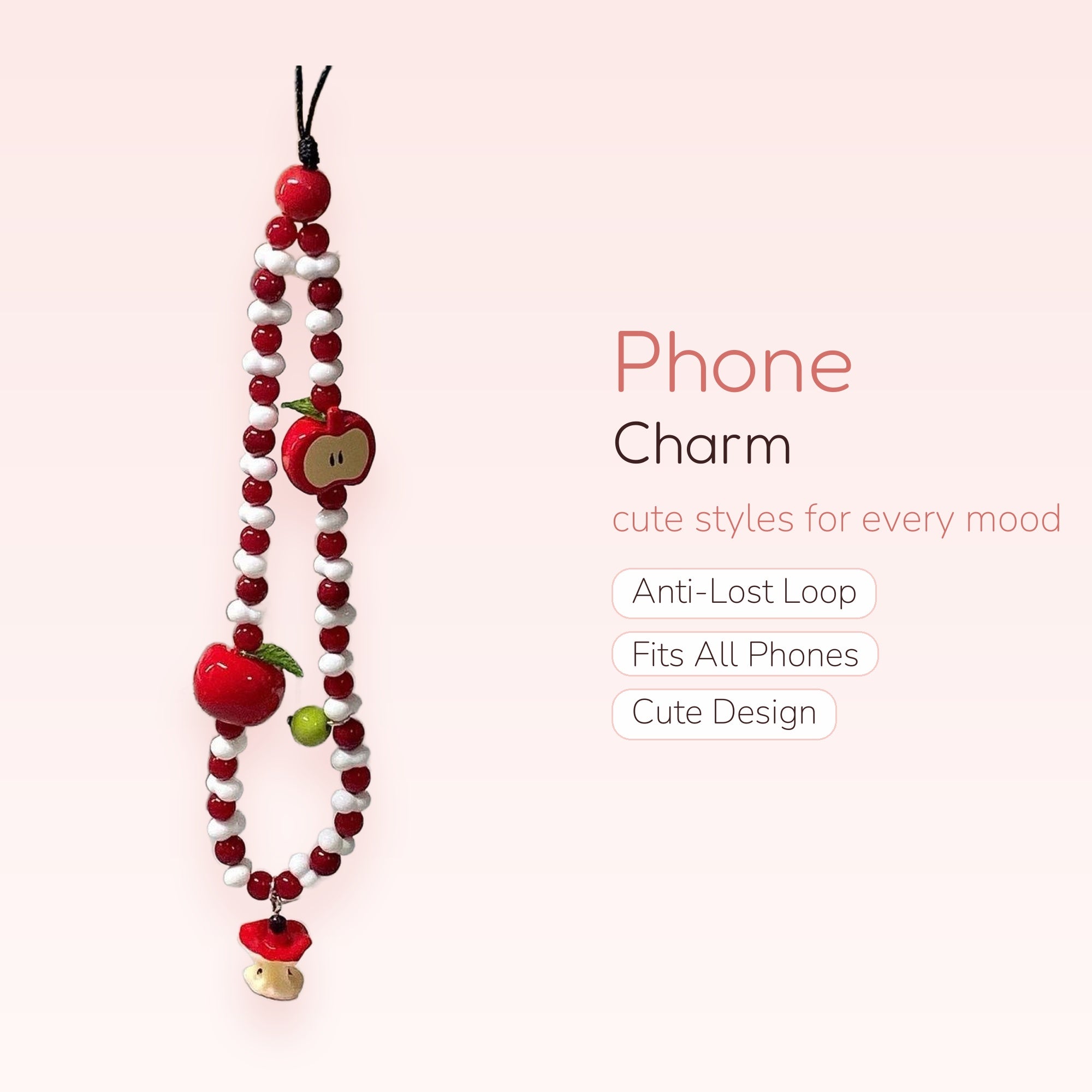 Kawaii Red & White Apple Beaded Phone Charm | Cute Fruit Wrist Lanyard