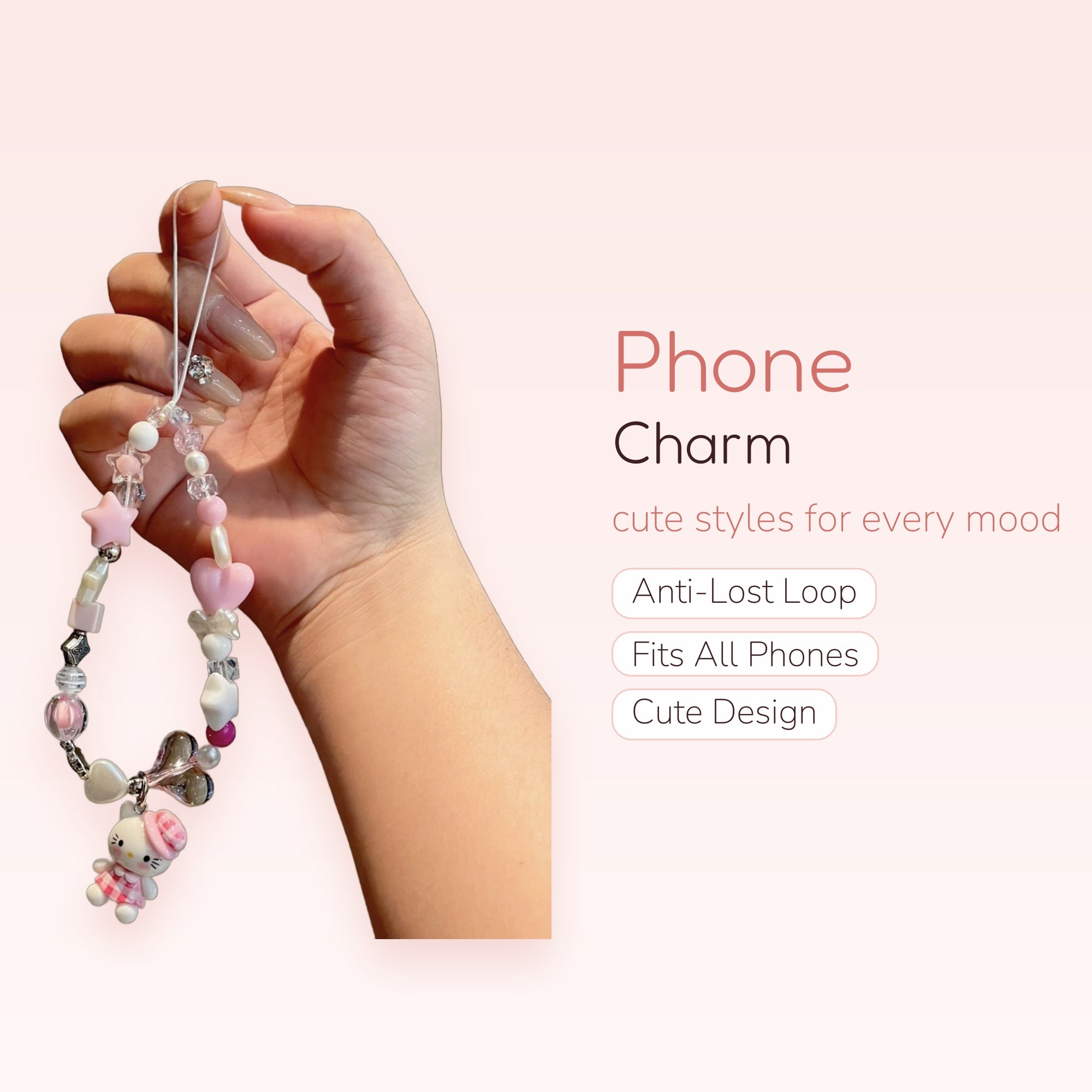 Kawaii Hello Kitty & Pastel Heart Phone Charm | Beaded Wrist Strap Lanyard