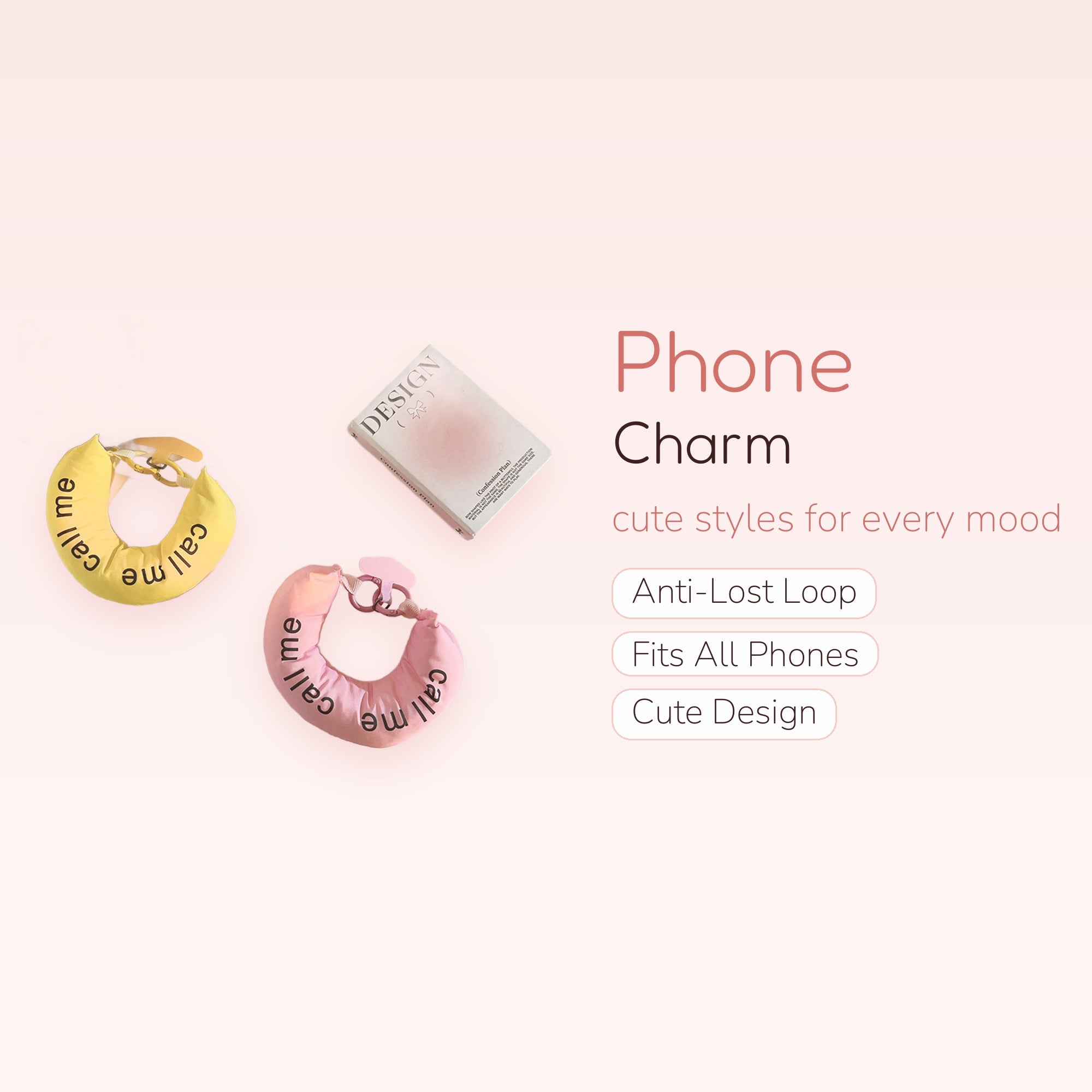 Kawaii "Call Me" Puffy U-Shape Phone Charm | Pastel Yellow & Pink Wrist Lanyard