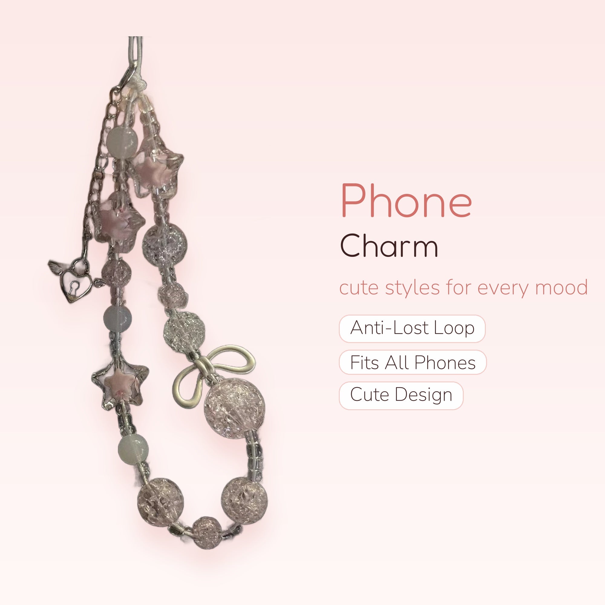 Kawaii Pink Star & Cracked Bead Phone Charm | Aesthetic Beaded Wrist Strap