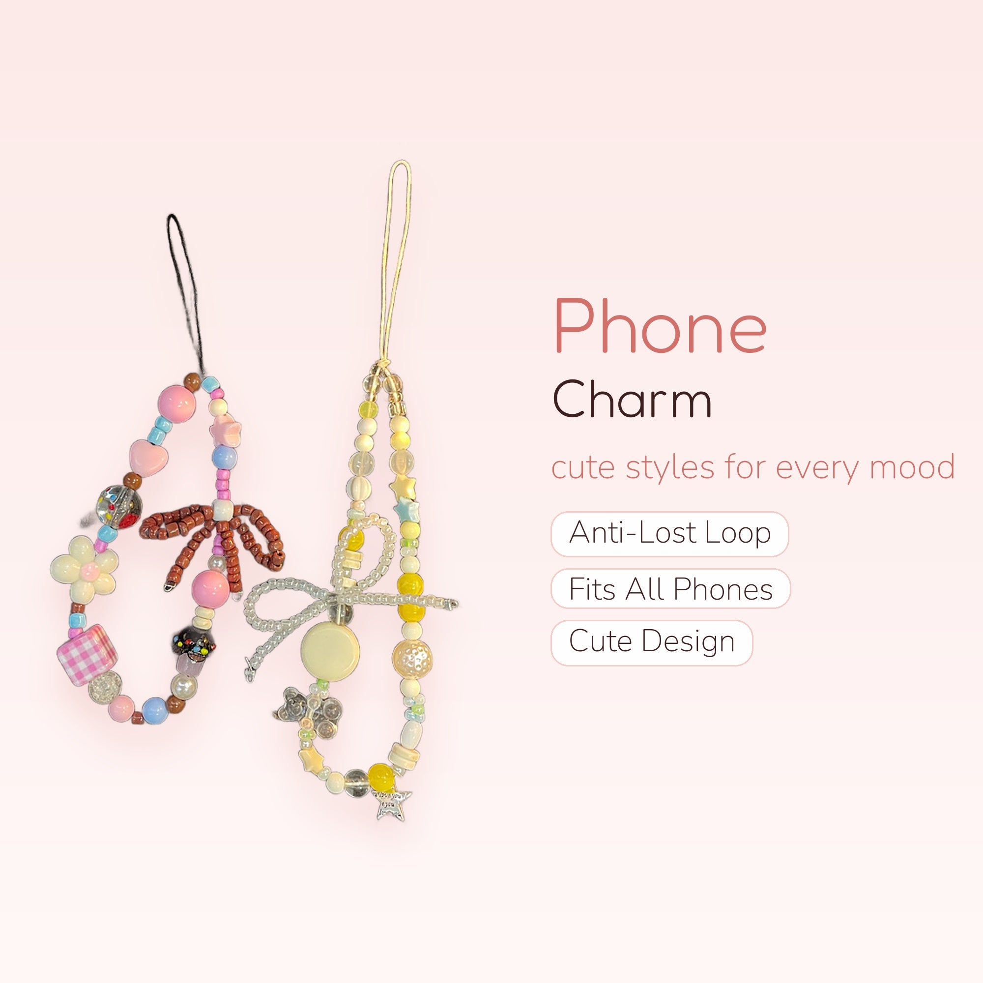 Kawaii Pastel Beaded Phone Charm Straps | Cute Y2K Aesthetic Wrist Lanyards
