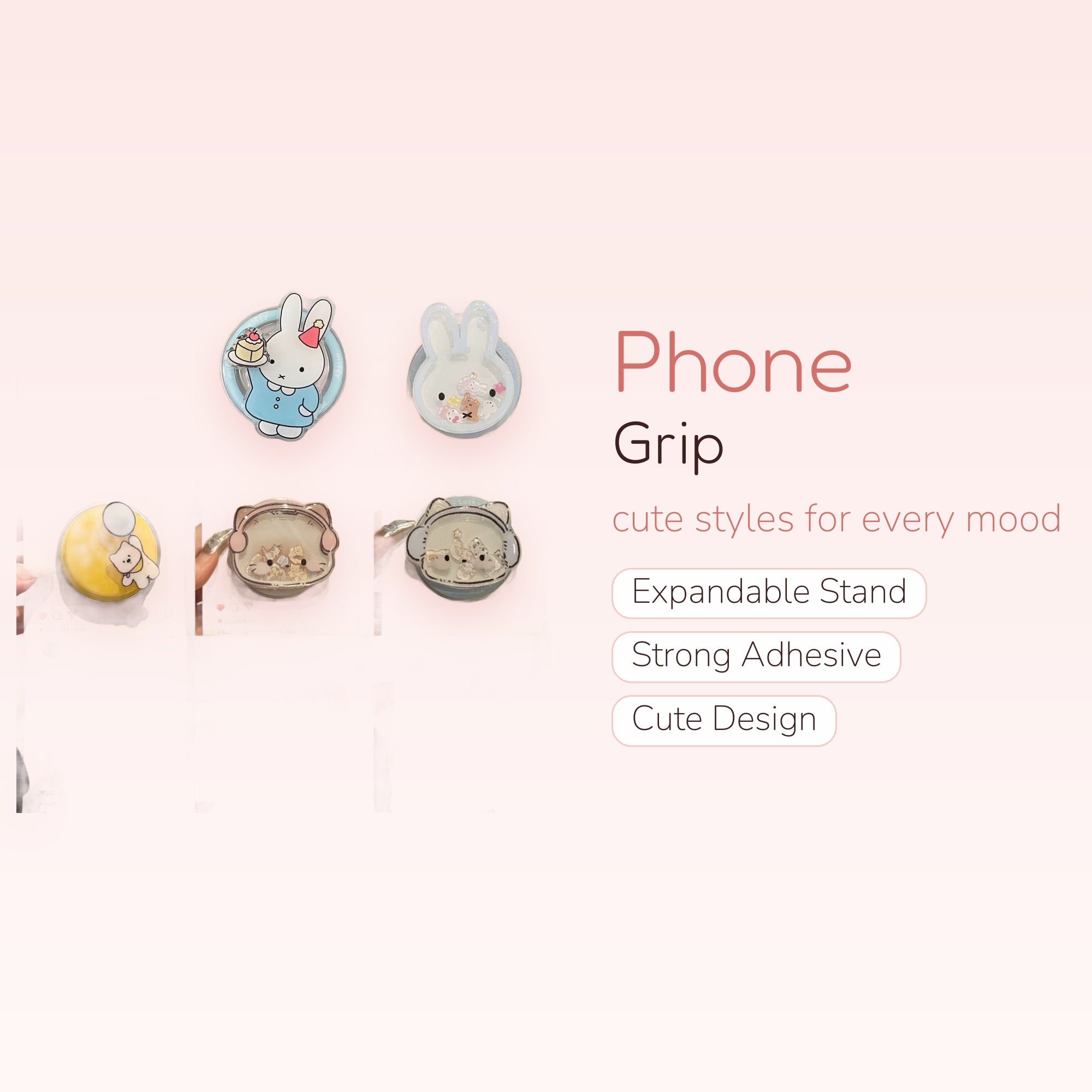 Kawaii Cartoon Character Liquid Glitter Phone Grip | Cute Pop Socket Stand for Girls