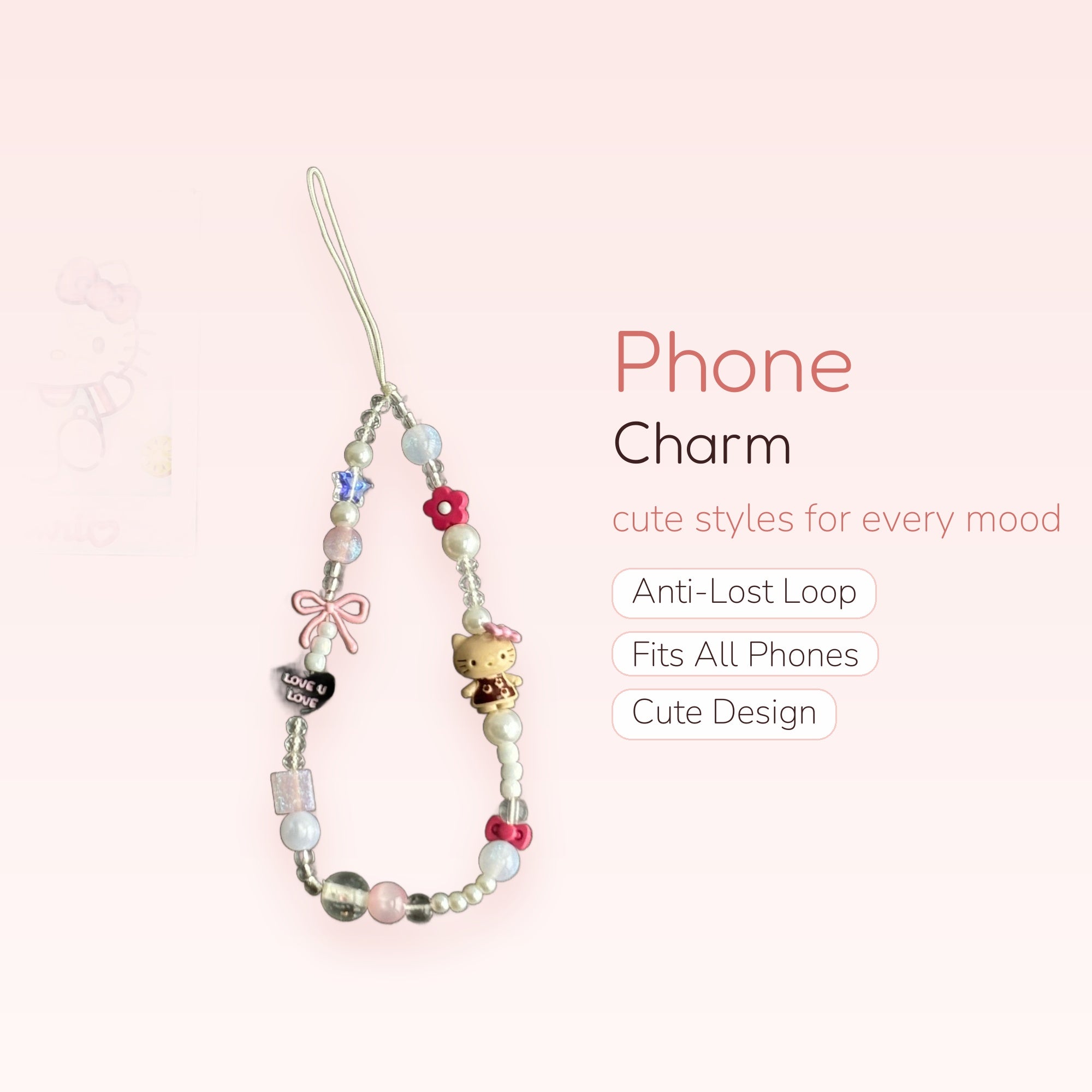 Kawaii Hello Kitty & Pearl Phone Charm | Pastel Beaded Wrist Lanyard with Bows