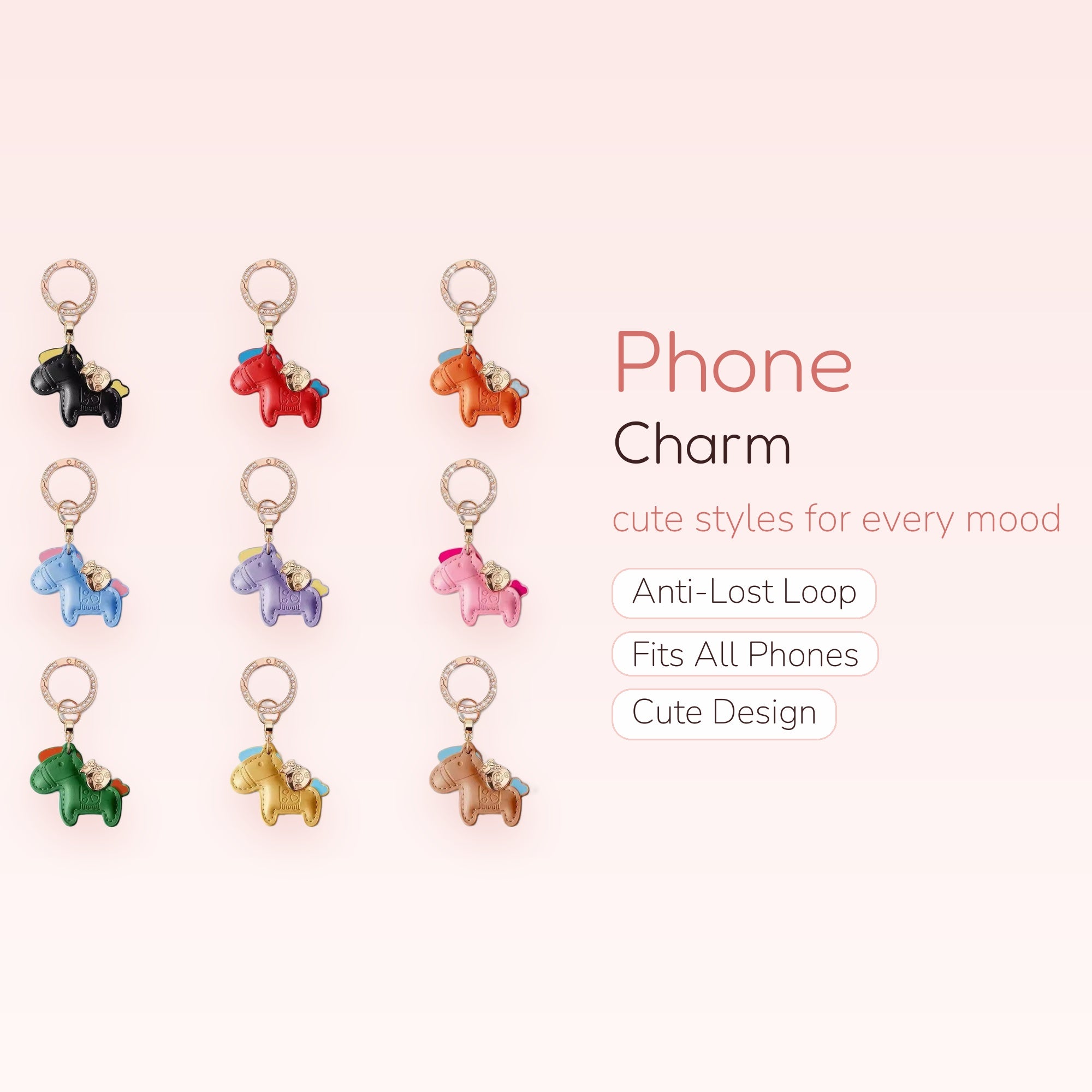 Cute Horse Leather Phone Charm Keychain | Colorful Animal Bag Pendant
