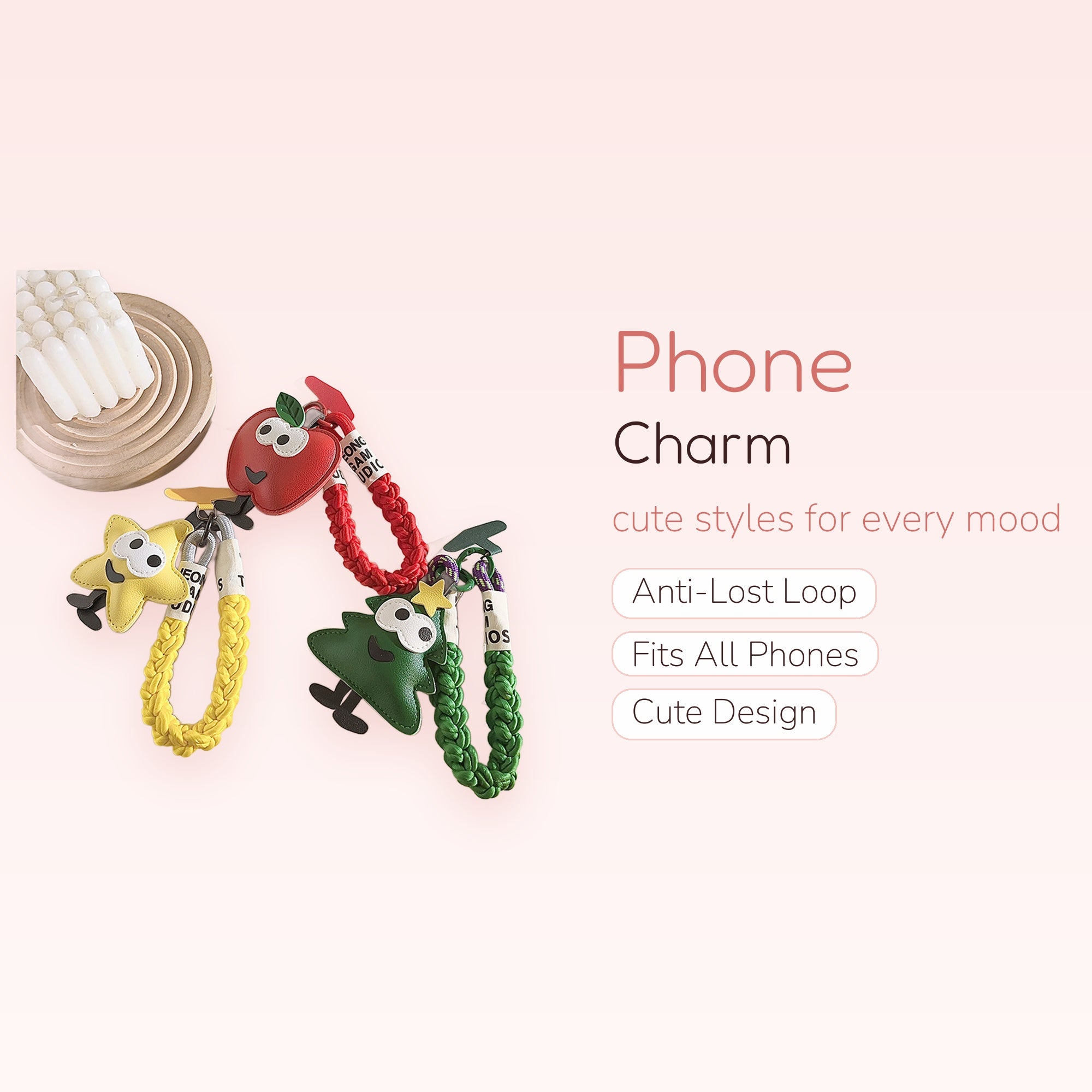 Kawaii Cartoon Character Braided Phone Charm | Cute Apple Star Tree Wrist Lanyard