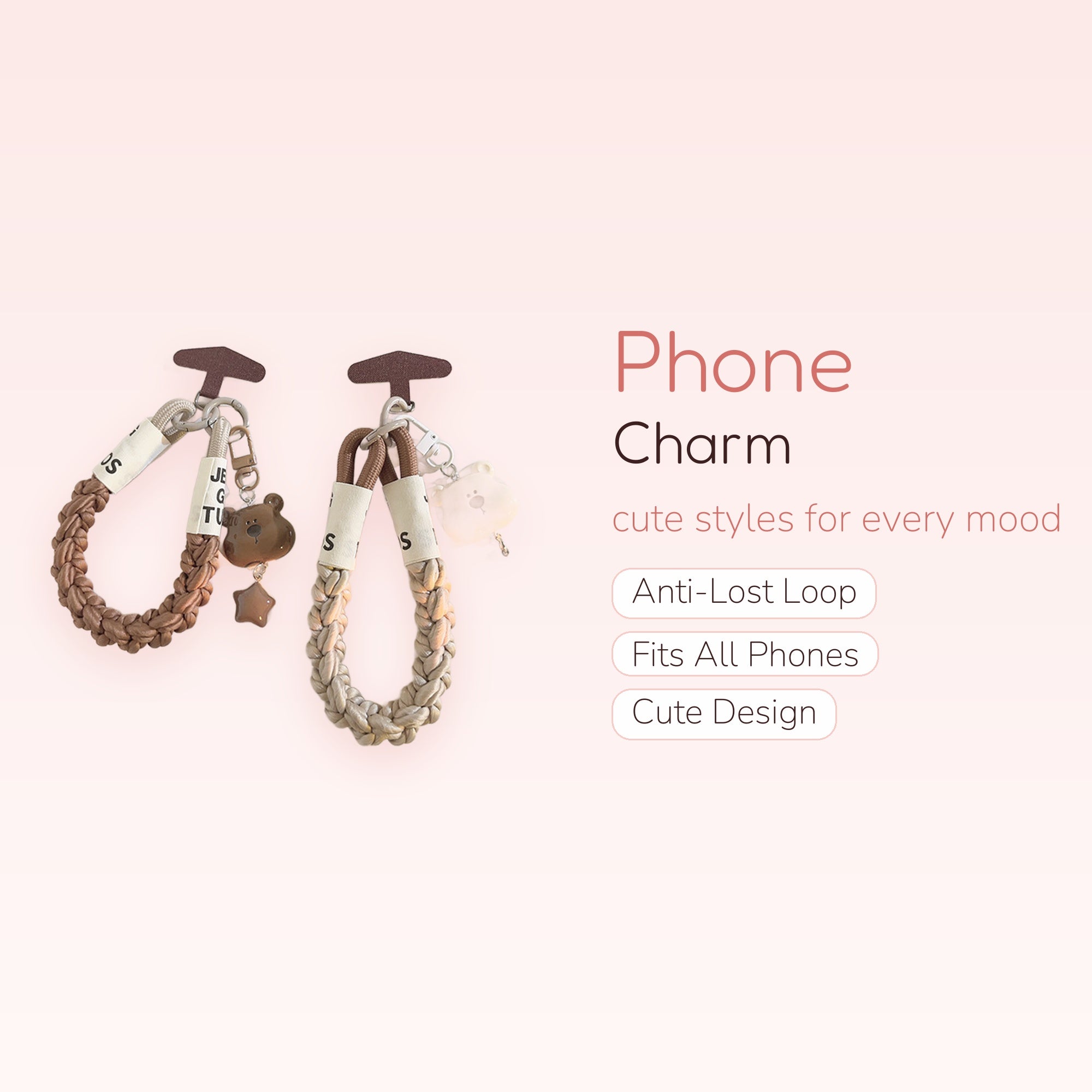 Cute Braided Wrist Phone Charm Straps | Kawaii Bear & Star Keychain Lanyards