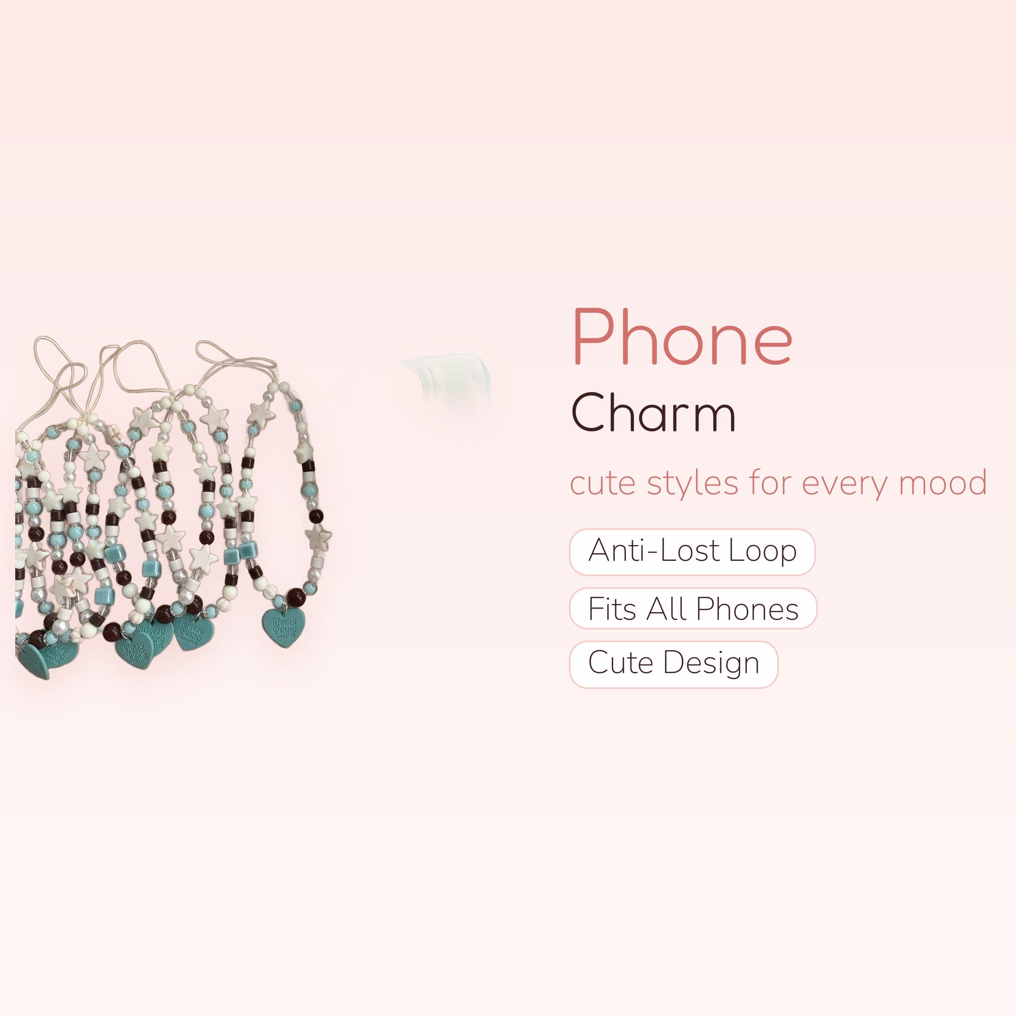 Kawaii Star & Heart Phone Charm Strap | Pastel Blue & Brown Beaded Wrist Lanyard